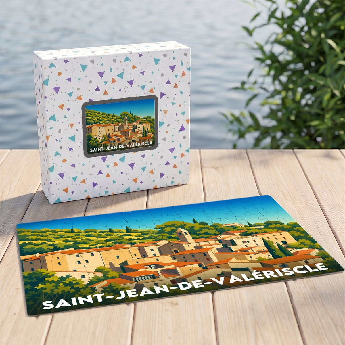 Puzzle souvenir de la ville de Saint-Jean-de-Valériscle avec une illustration stylisée de ses maisons provençales.