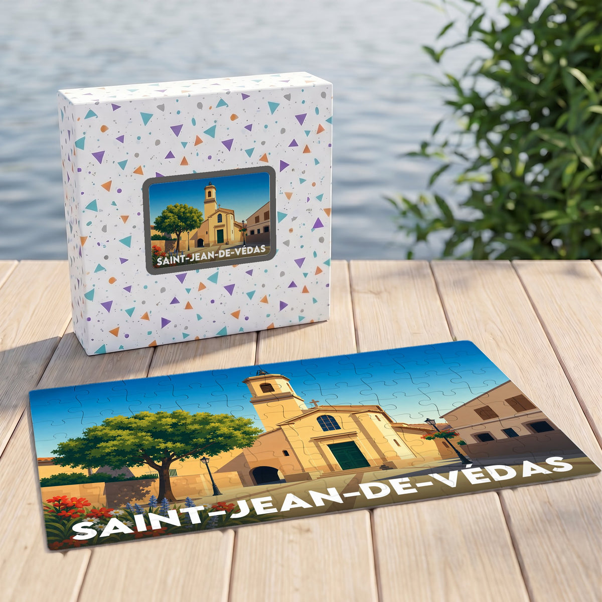Puzzle souvenir de la ville de Saint-Jean-de-Védas avec son illustration stylisée et sa boîte assortie.