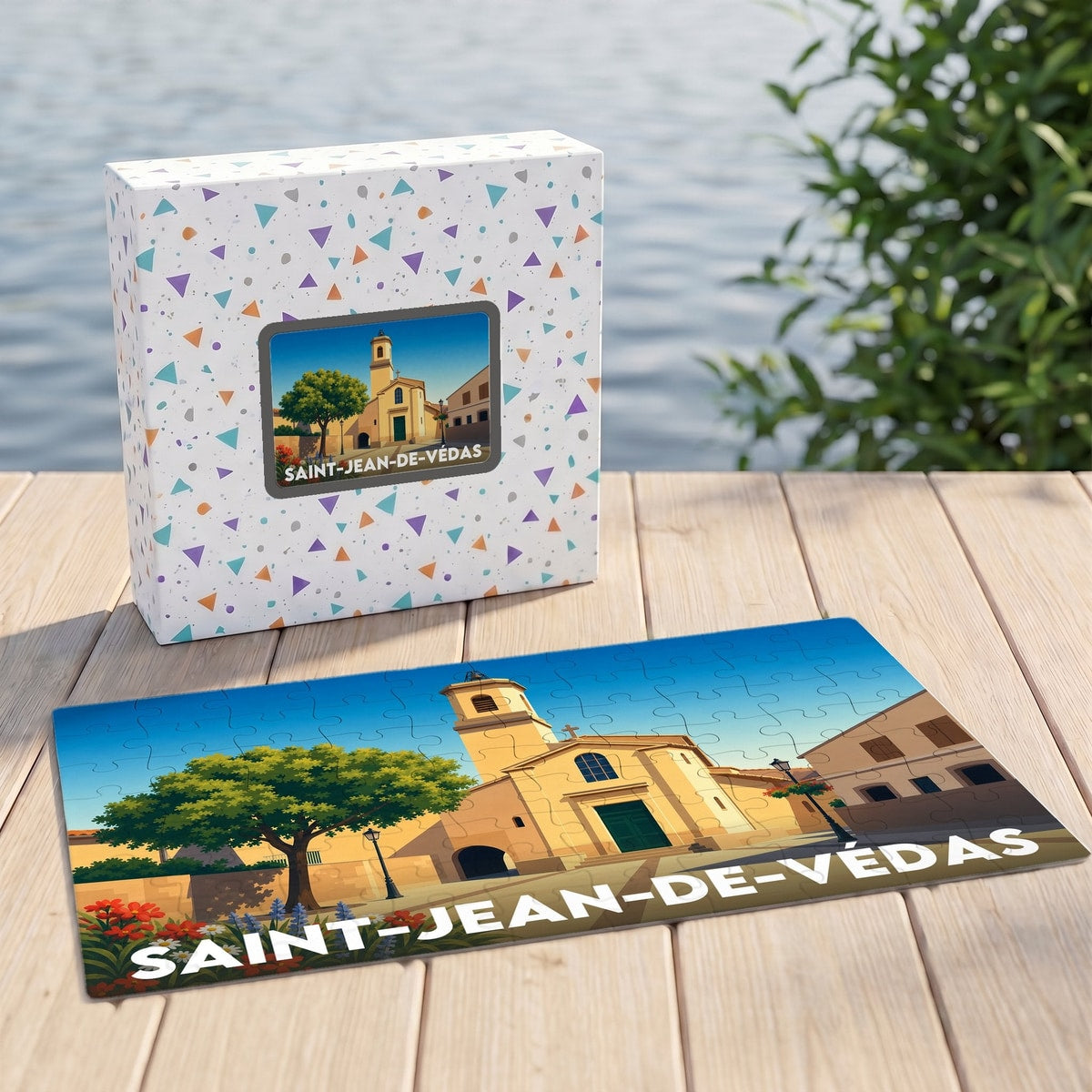 Puzzle souvenir de la ville de Saint-Jean-de-Védas avec son illustration stylisée et sa boîte assortie.