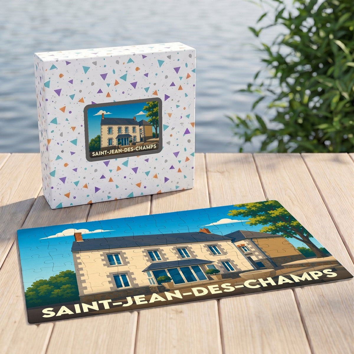 Puzzle souvenir de la ville de Saint-Jean-des-Champs avec une illustration stylisée.