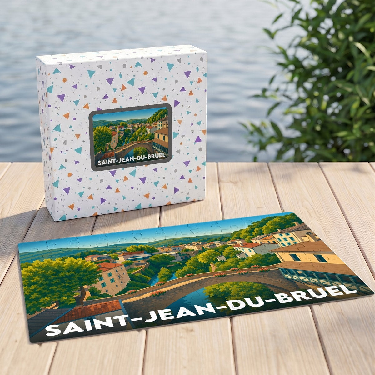 Puzzle souvenir de la ville de Saint-Jean-du-Bruel avec son carton d'emballage assorti.