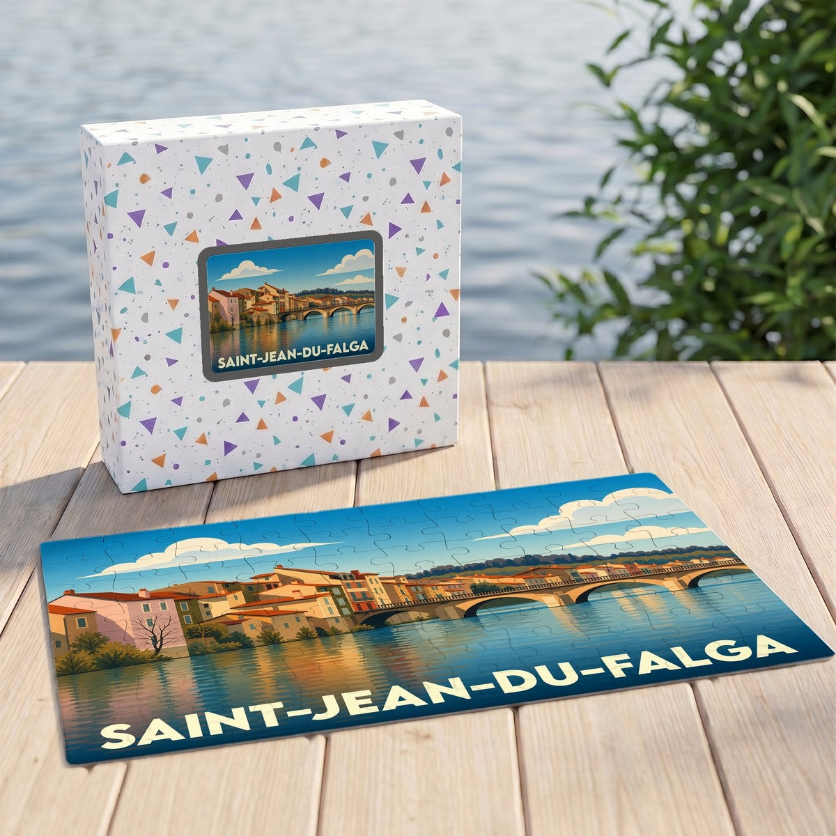 Puzzle souvenir de la ville de Saint-Jean-du-Falga avec une illustration stylisée d'un pont et de maisons au bord de l'eau.