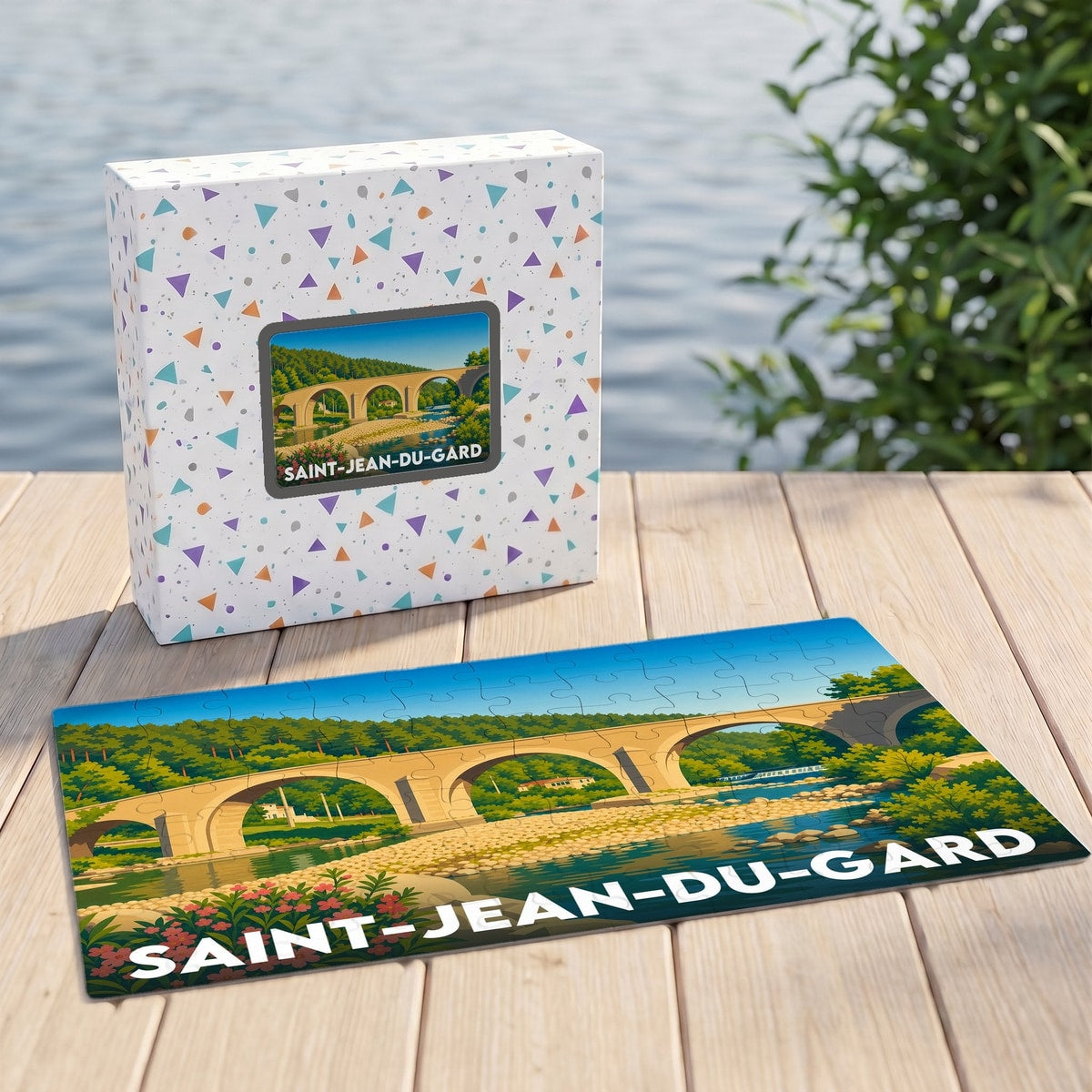Puzzle souvenir de la ville de Saint-Jean-du-Gard avec une illustration stylisée d'un pont en pierre.