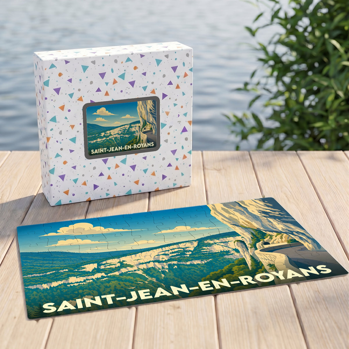 Puzzle souvenir de la ville de Saint-Jean-en-Royans avec une illustration stylisée de ses falaises.