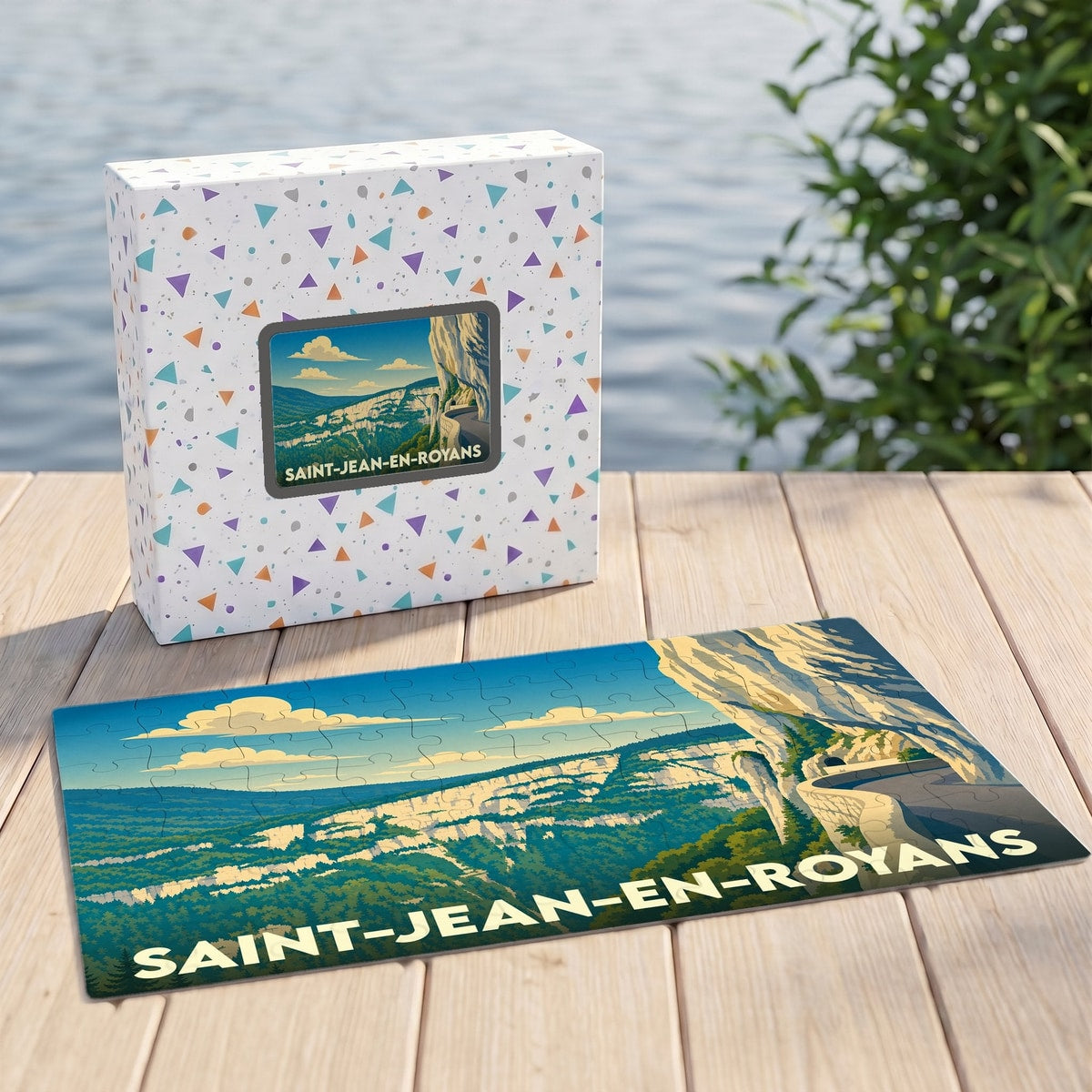 Puzzle souvenir de la ville de Saint-Jean-en-Royans avec une illustration stylisée de ses falaises.