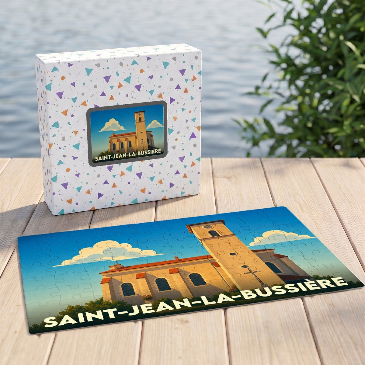 Puzzle souvenir de la ville de Saint-Jean-la-Bussière avec une illustration stylisée de son église.