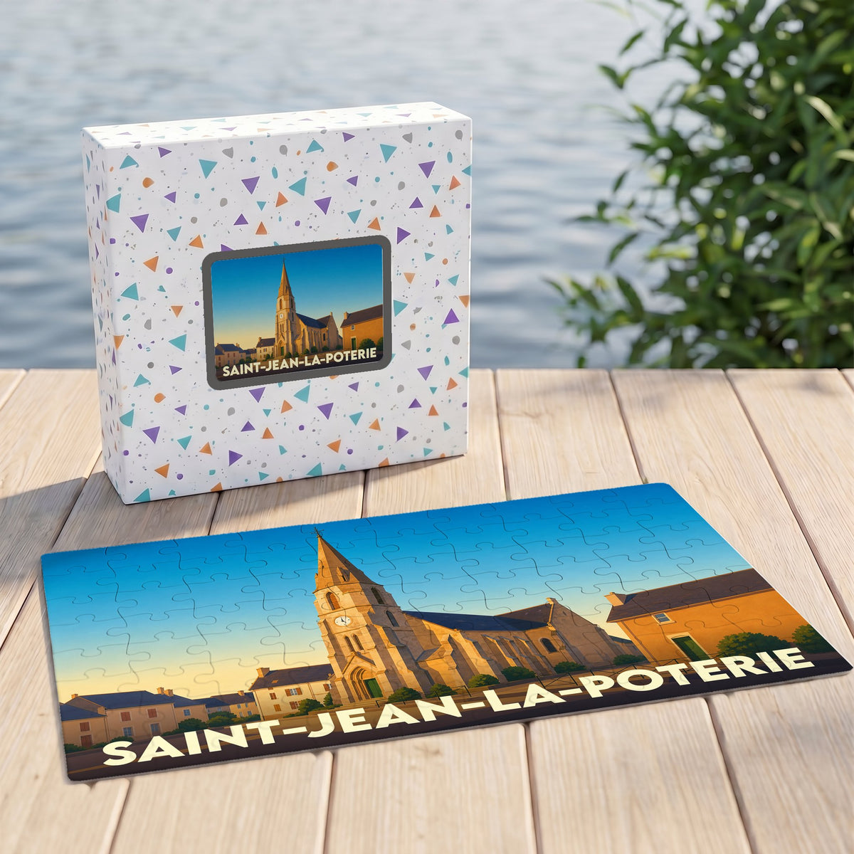 Puzzle souvenir de la ville de Saint-Jean-la-Poterie avec une illustration stylisée de son église et de son paysage urbain.
