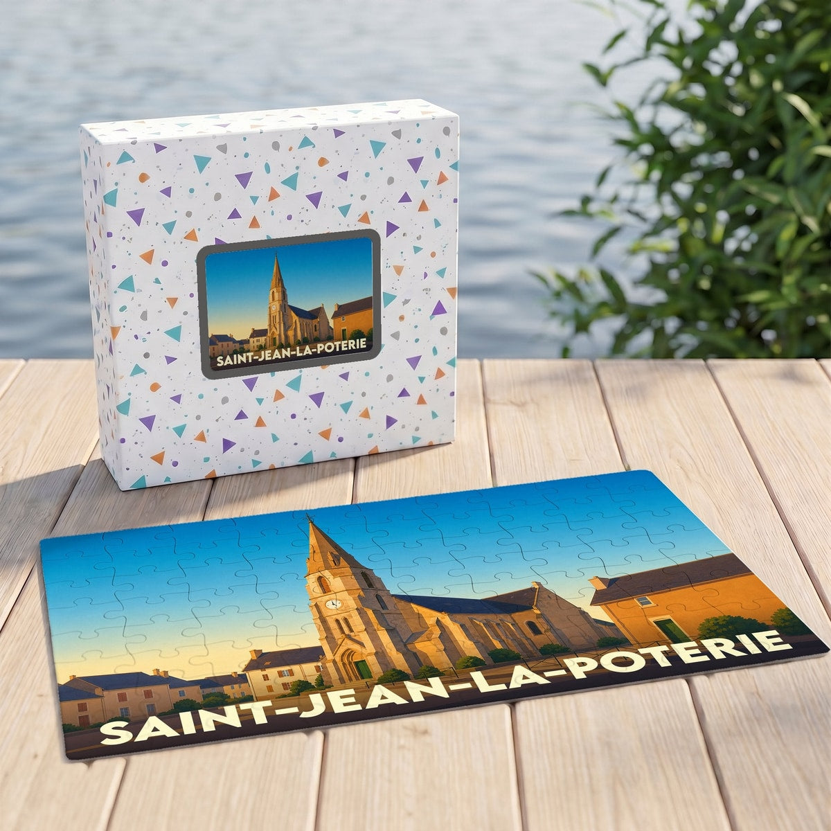 Puzzle souvenir de la ville de Saint-Jean-la-Poterie avec une illustration stylisée de son église et de son paysage urbain.