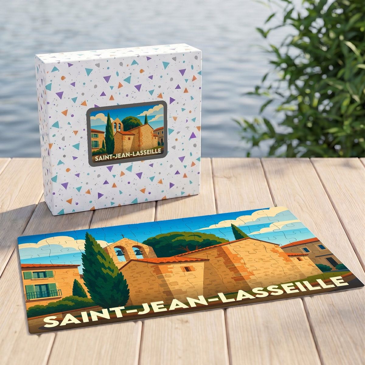 Puzzle souvenir de la ville de Saint-Jean-Lasseille illustré d'un paysage de village pittoresque.