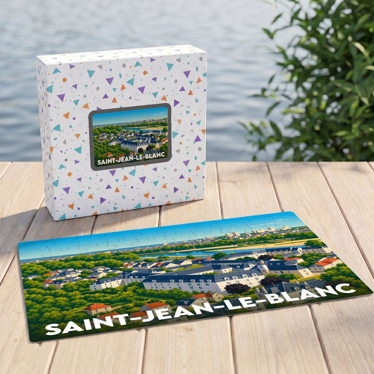 Puzzle souvenir de la ville de Saint-Jean-le-Blanc avec une illustration panoramique stylisée.