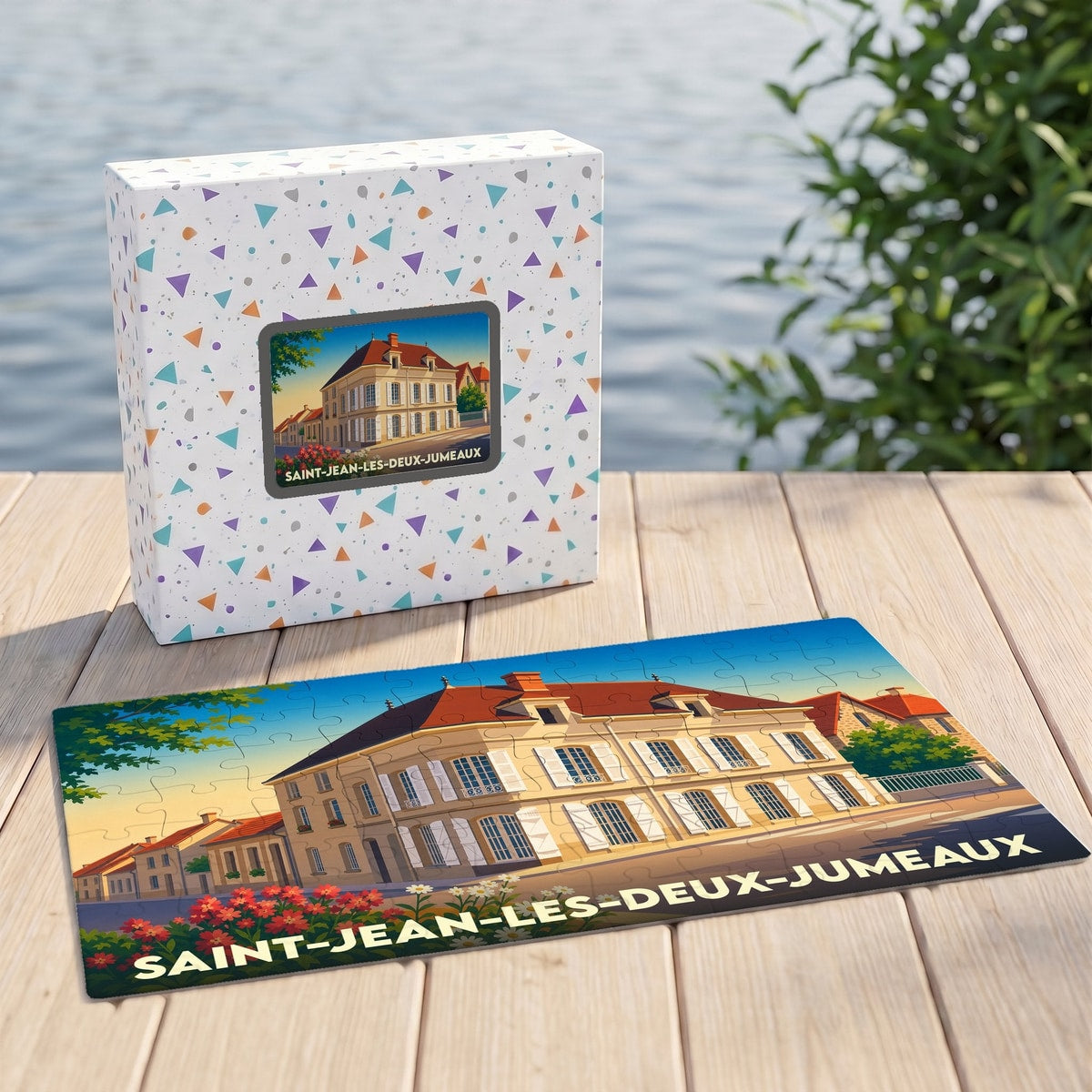Puzzle souvenir de la ville de Saint-Jean-les-Deux-Jumeaux illustré d'un bâtiment historique dans un style graphique épuré.