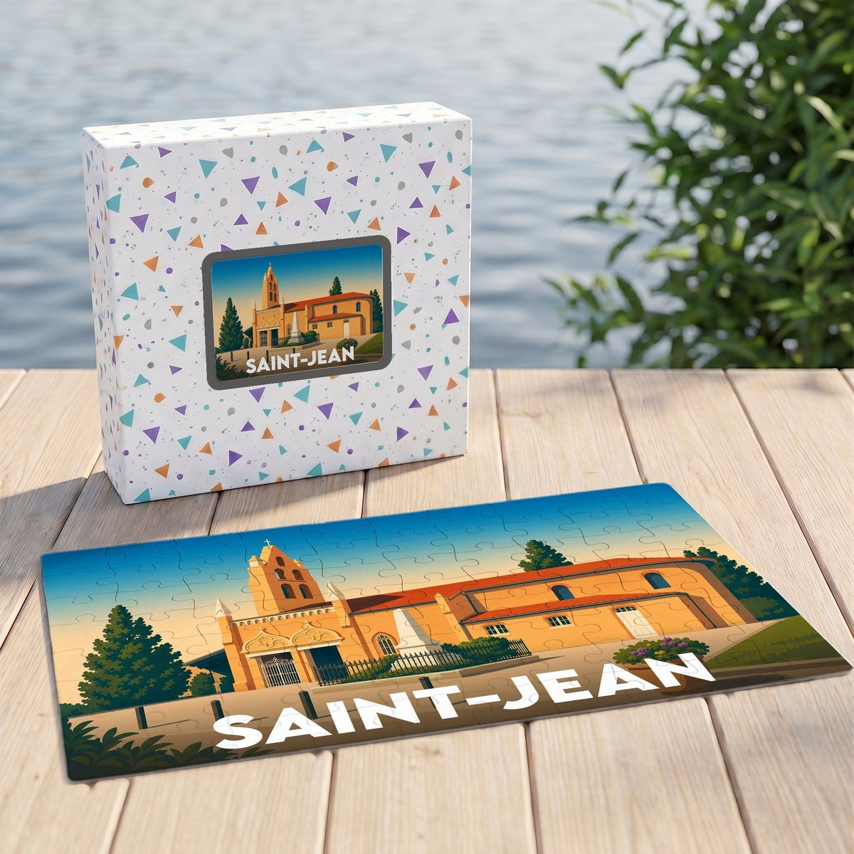Puzzle souvenir de la ville de Saint-Jean illustré par une vue stylisée de son église.