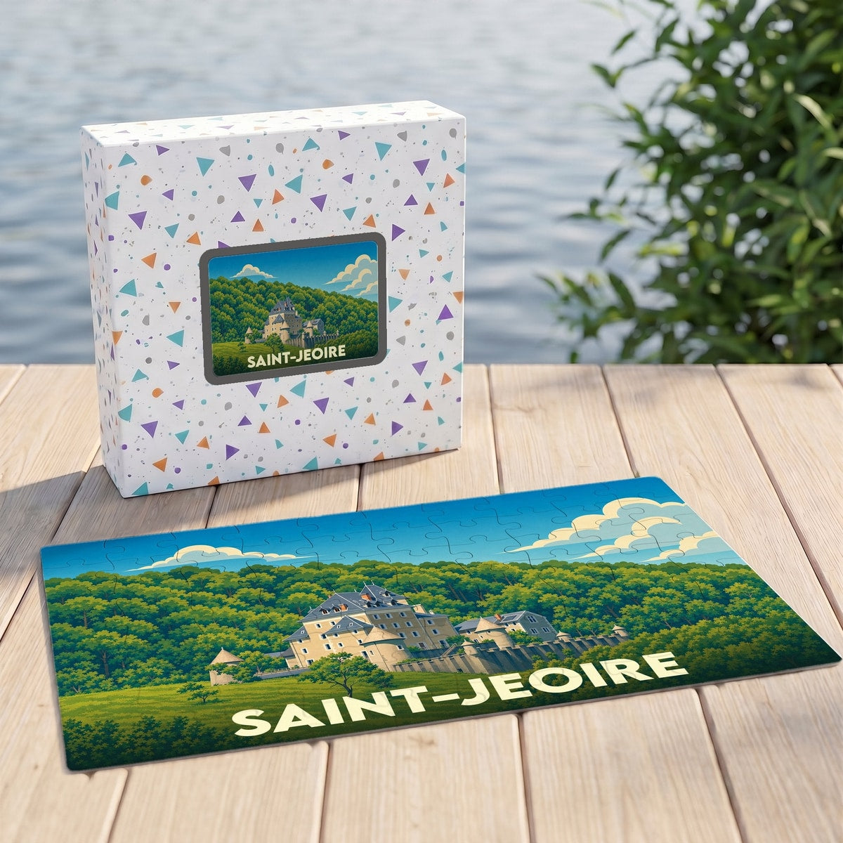 Puzzle souvenir de la ville de Saint-Jeoire représentant un château niché dans une forêt verdoyante.