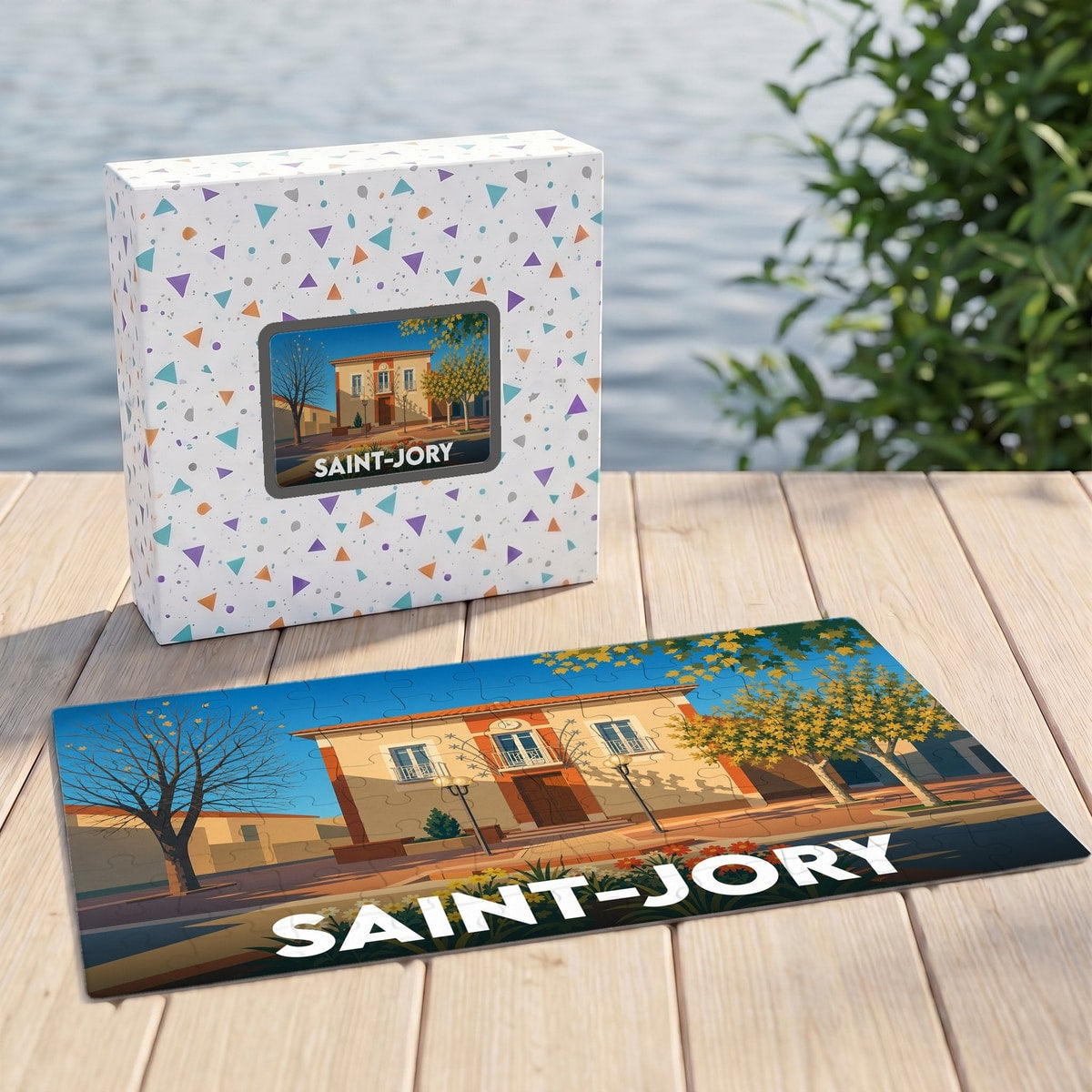 Puzzle souvenir de la ville de Saint-Jory avec une illustration stylisée.