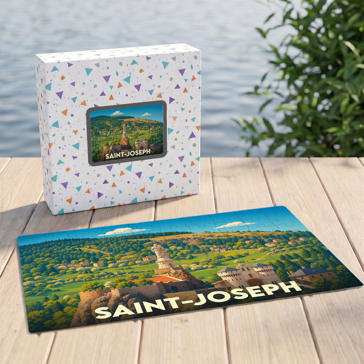 Puzzle souvenir de la ville de Saint-Joseph avec une illustration stylisée d'un paysage vallonné et de ses monuments.