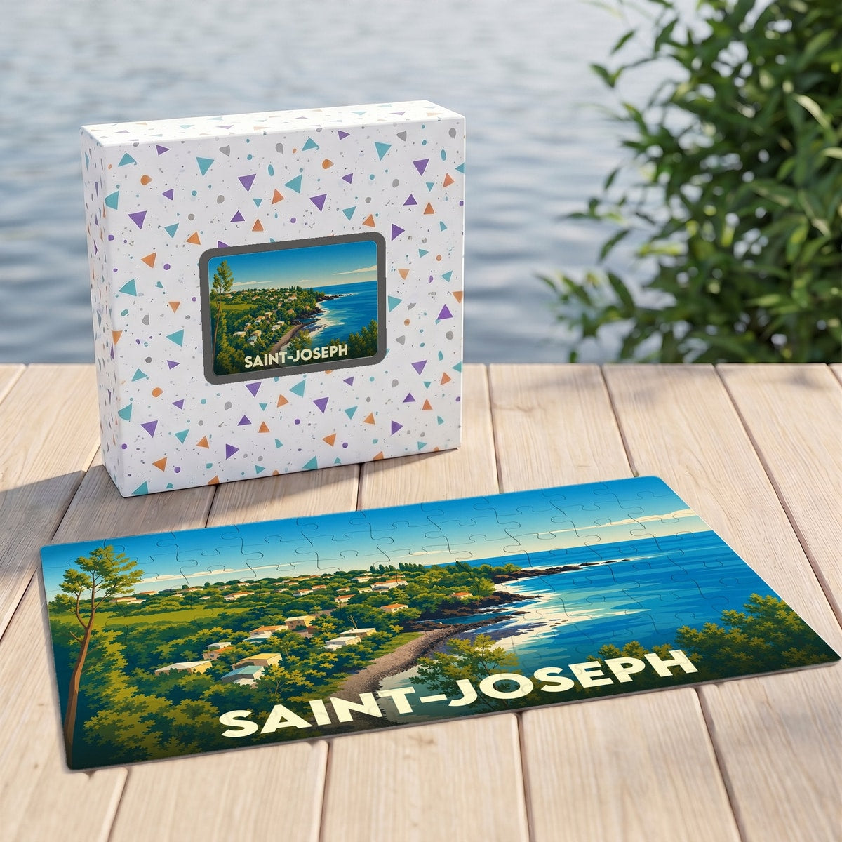 Puzzle souvenir de la ville de Saint-Joseph avec une illustration paysagère stylisée.