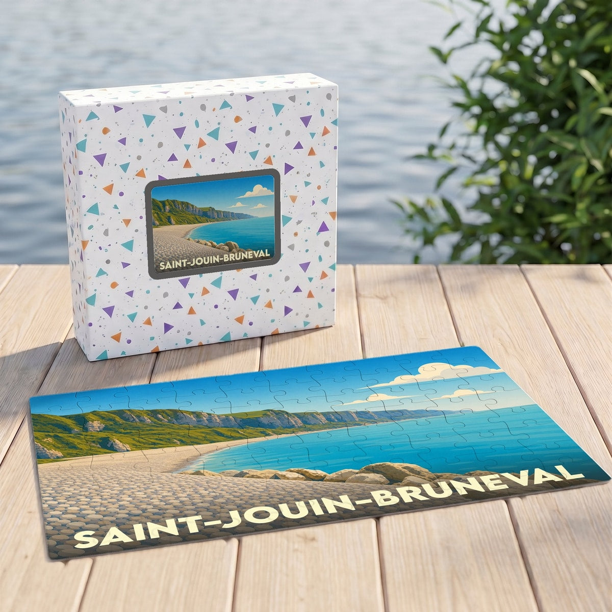 Puzzle souvenir de la ville de Saint-Jouin-Bruneval avec une illustration de sa plage et de ses falaises.