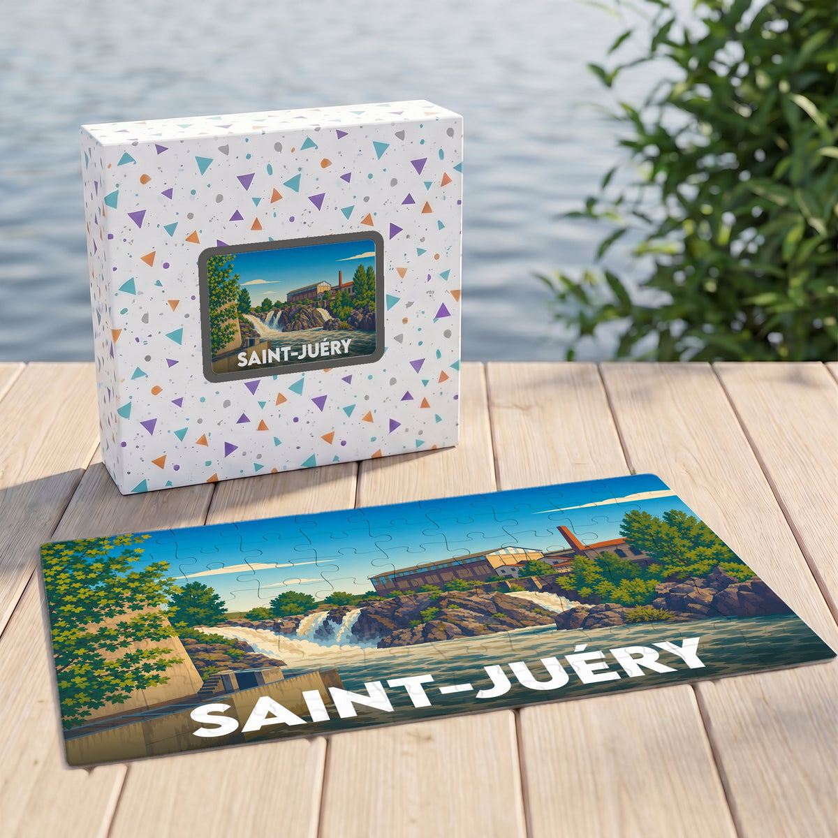 Puzzle souvenir de la ville de Saint-Juéry avec une illustration stylisée d'un paysage fluvial.