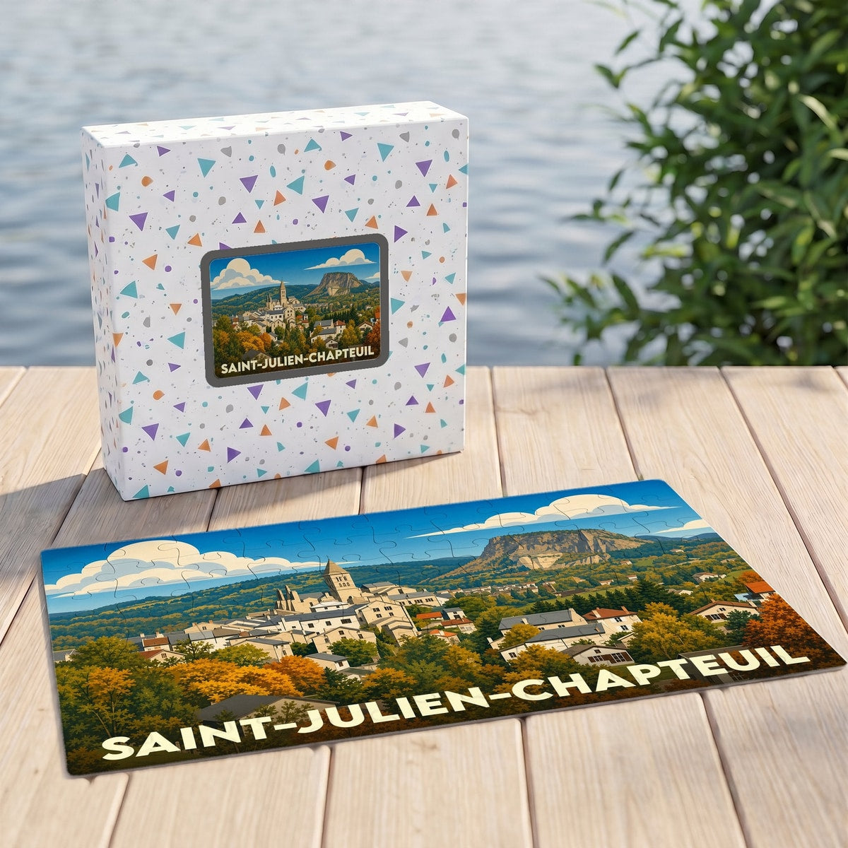 Puzzle souvenir de la ville de Saint-Julien-Chapteuil avec une illustration stylisée de son paysage et de son église.