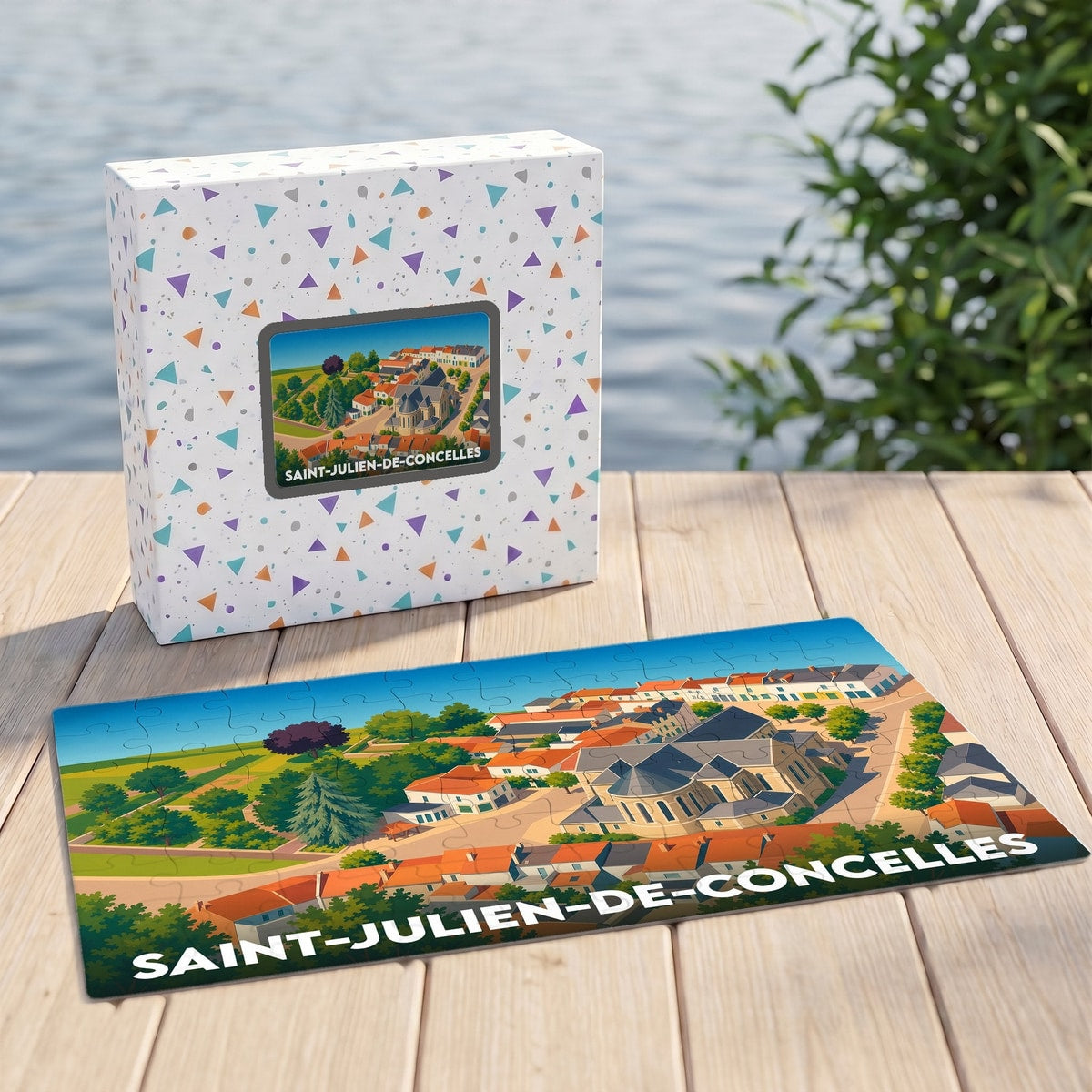 Puzzle souvenir de la ville de Saint-Julien-de-Concelles avec une illustration stylisée et colorée.