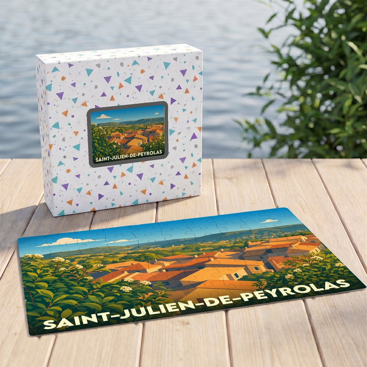 Puzzle souvenir de la ville de Saint-Julien-de-Peyrolas avec une illustration stylisée de ses toits provençaux.