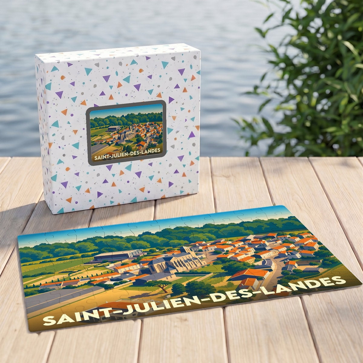 Puzzle souvenir de la ville de Saint-Julien-des-Landes avec une illustration stylisée et colorée de la commune.
