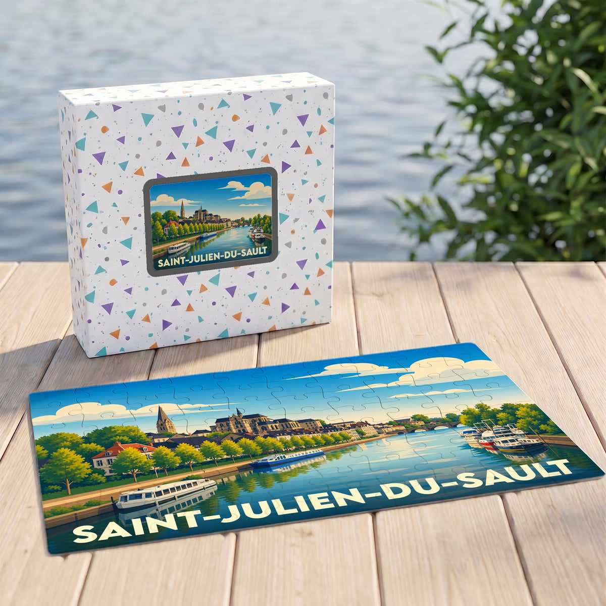 Puzzle souvenir de la ville de Saint-Julien-du-Sault avec une illustration colorée de ses quais.