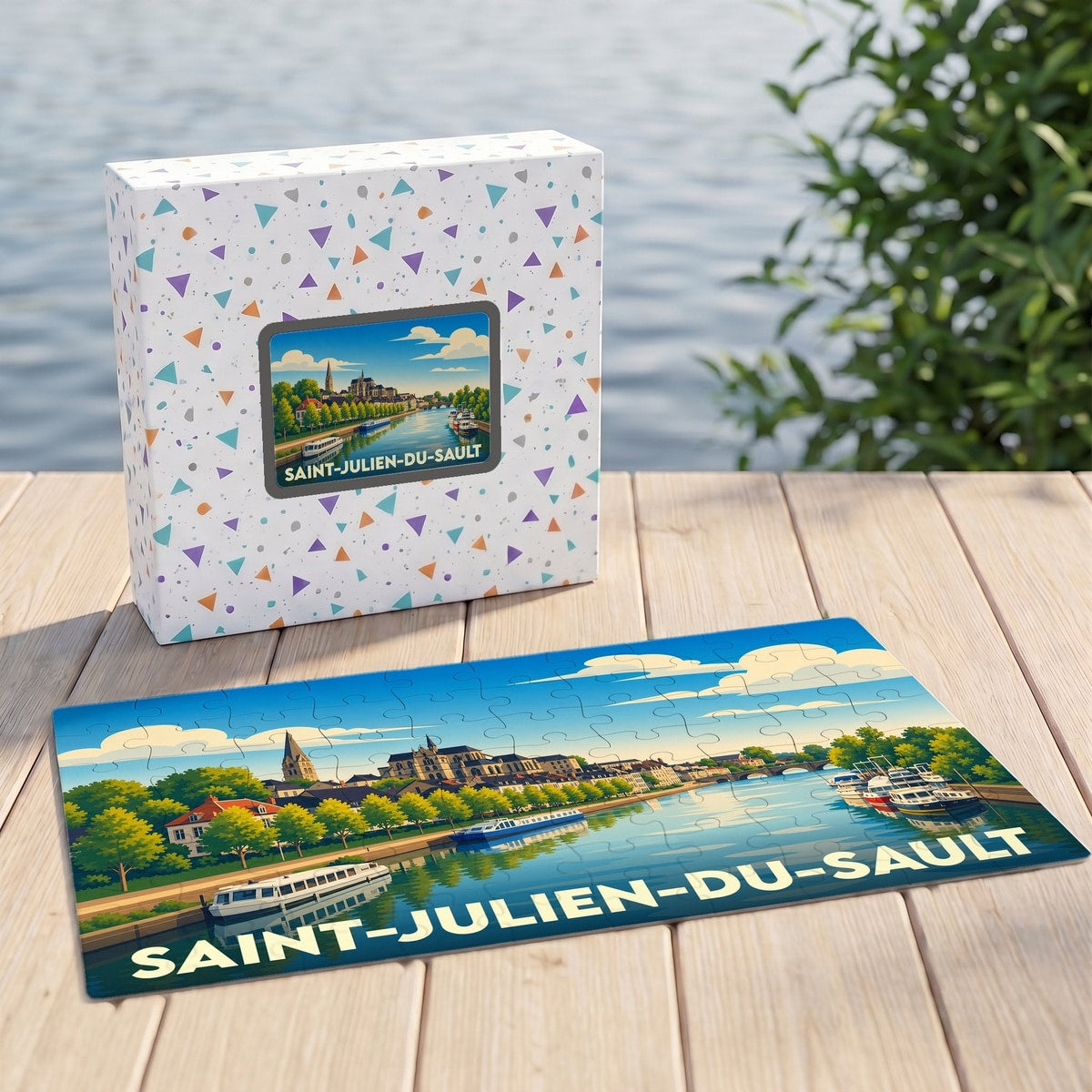 Puzzle souvenir de la ville de Saint-Julien-du-Sault avec une illustration colorée de ses quais.