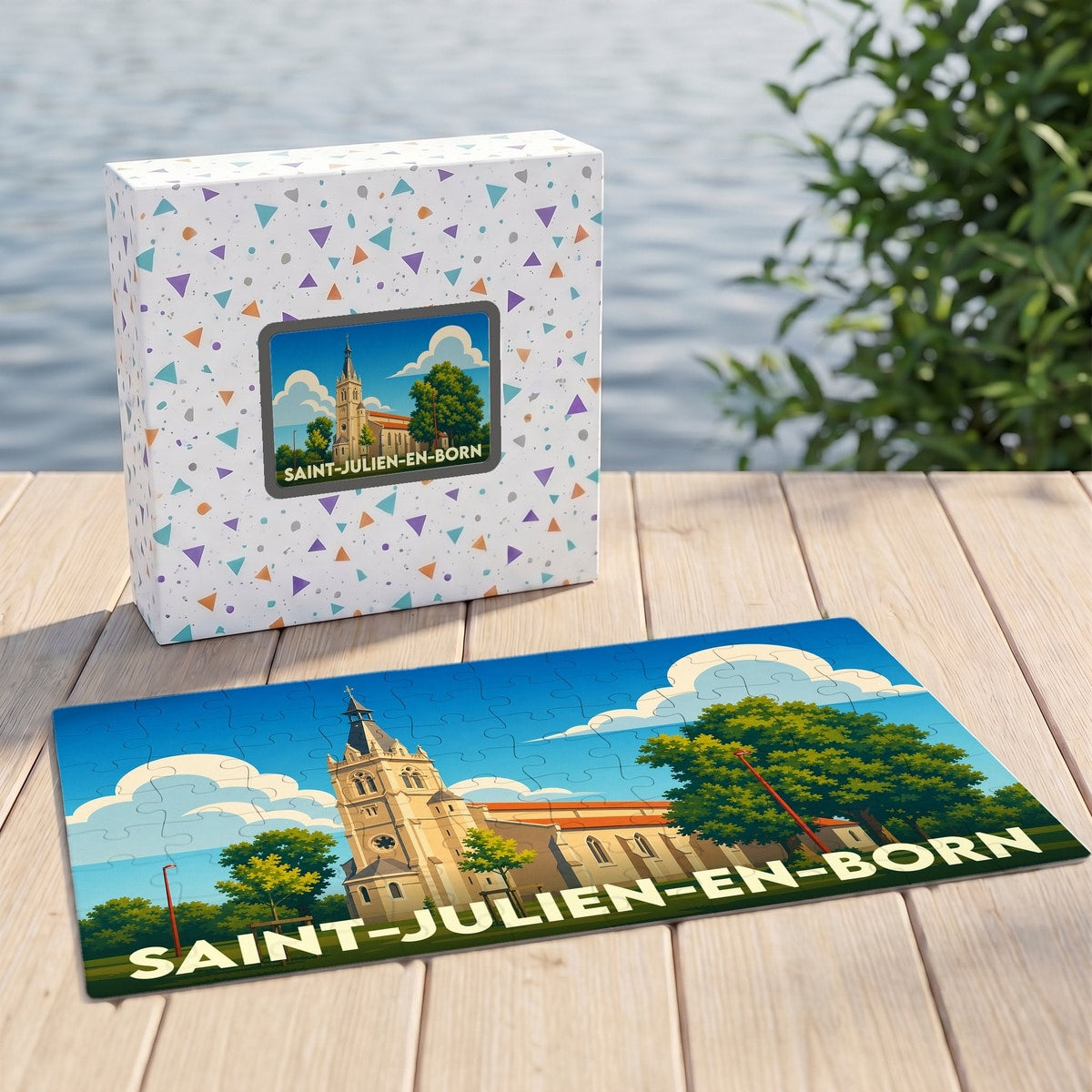 Puzzle souvenir de la ville de Saint-Julien-en-Born avec une illustration stylisée de son église.