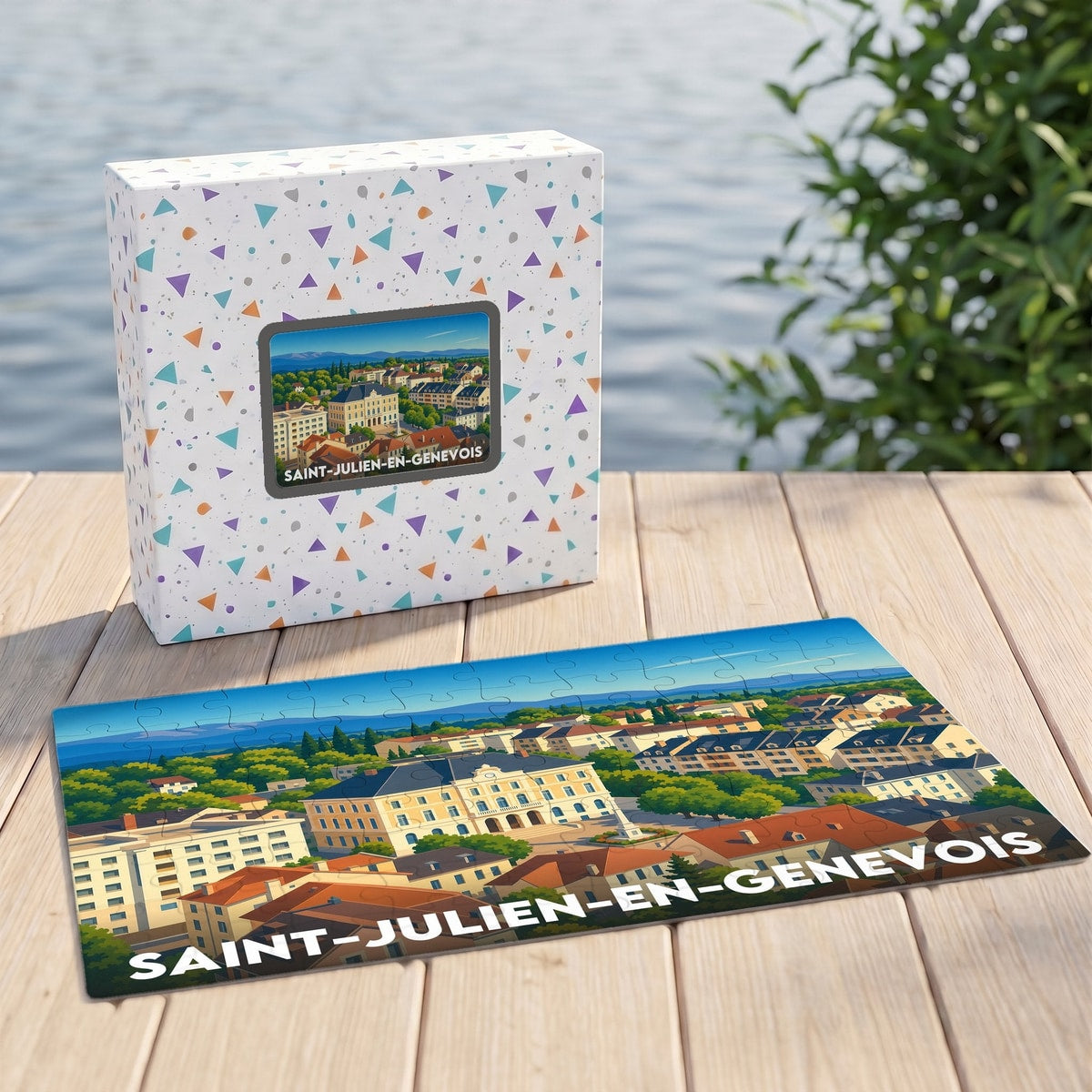 Puzzle souvenir de la ville de Saint-Julien-en-Genevois avec une illustration panoramique stylisée.