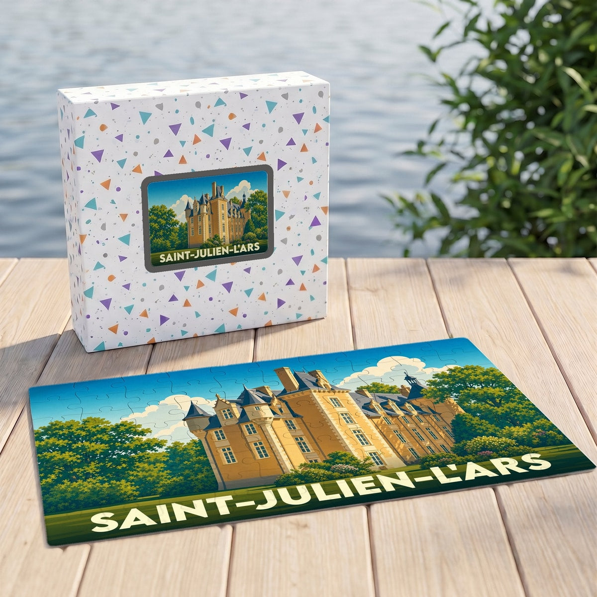 Puzzle souvenir de la ville de Saint-Julien-l'Ars avec une illustration stylisée d'un château.