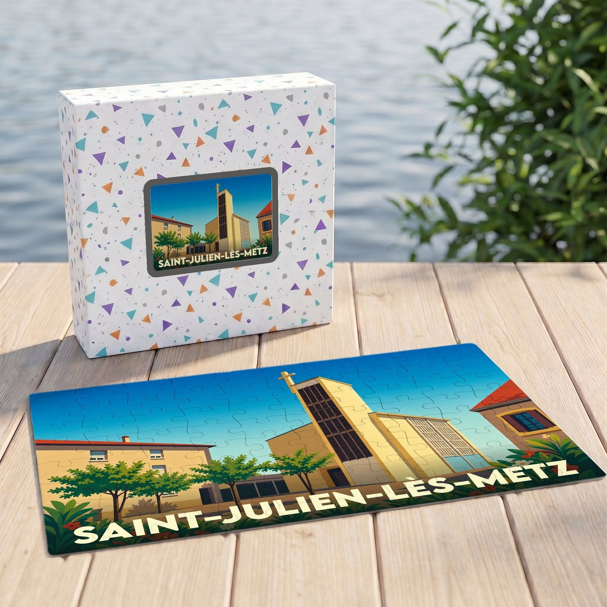 Puzzle souvenir de la ville de Saint-Julien-lès-Metz avec une illustration stylisée et colorée de ses bâtiments.