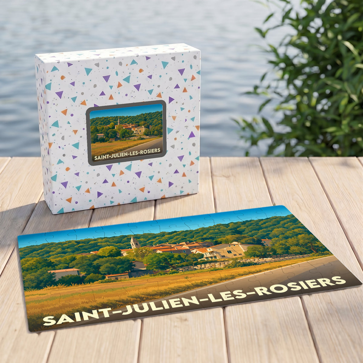 Puzzle souvenir de la ville de Saint-Julien-les-Rosiers avec une illustration panoramique de style vintage.