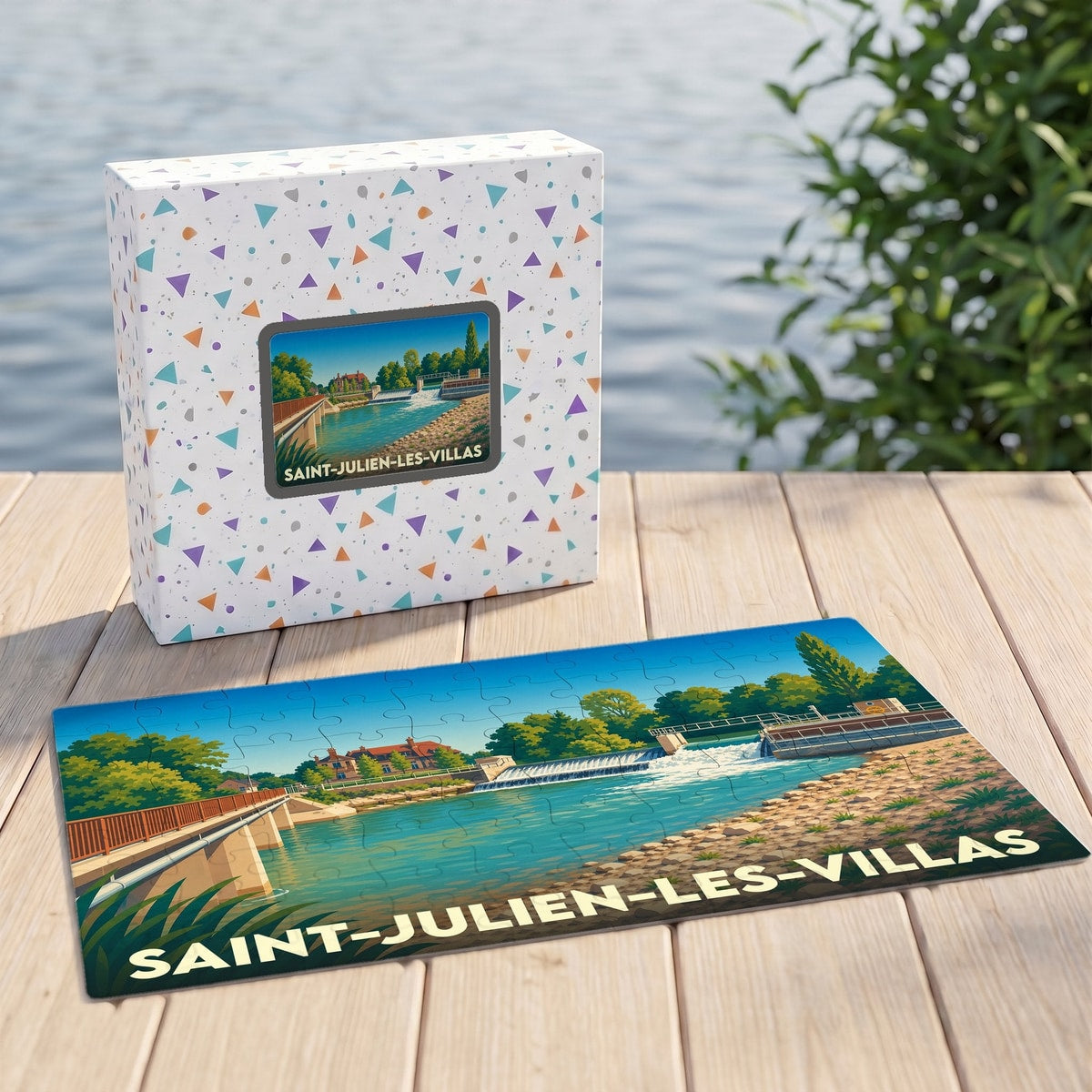 Puzzle souvenir de la ville de Saint-Julien-les-Villas avec une illustration stylisée de ses paysages au bord de l'eau.