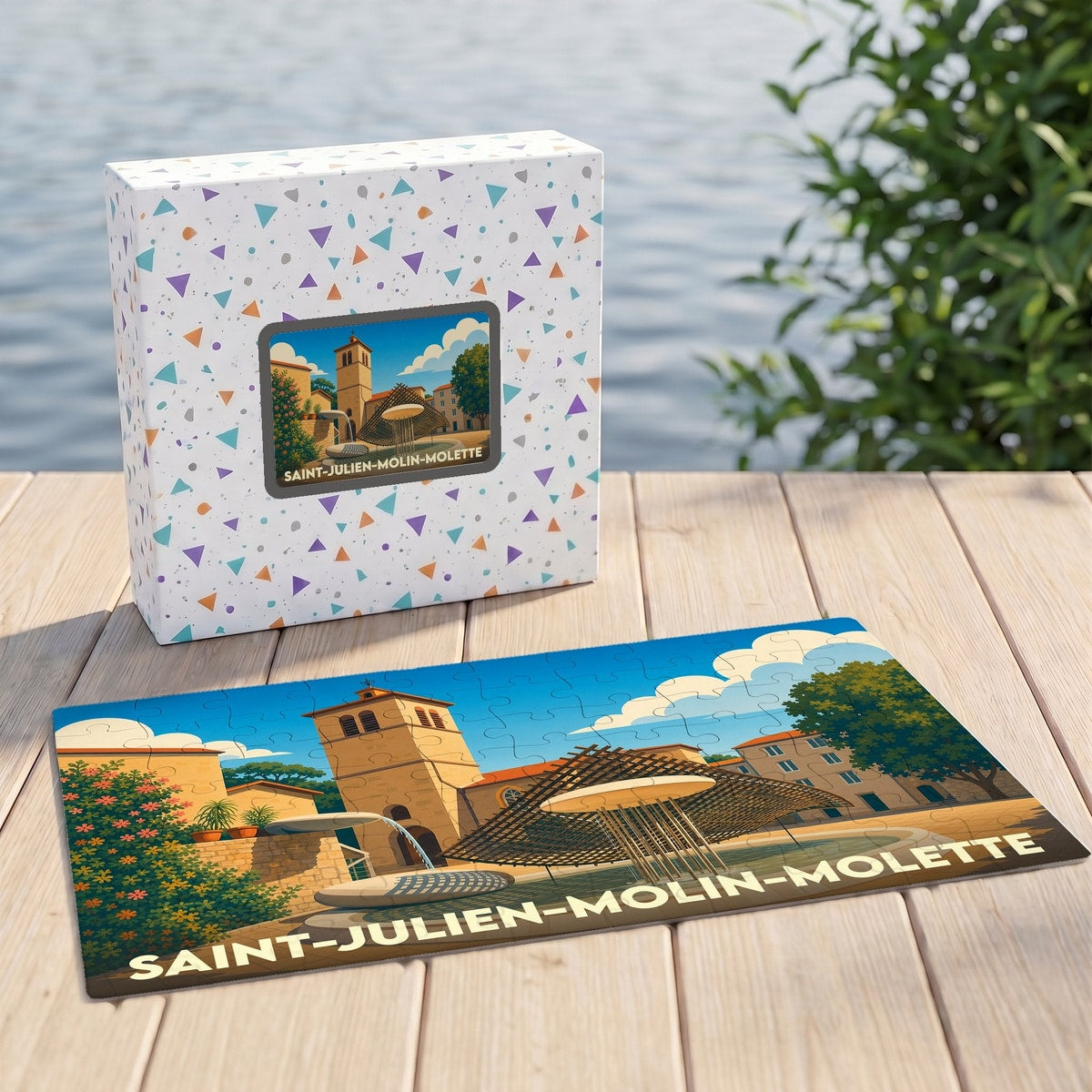 Puzzle souvenir de la ville de Saint-Julien-Molin-Molette avec une illustration stylisée de sa place principale.