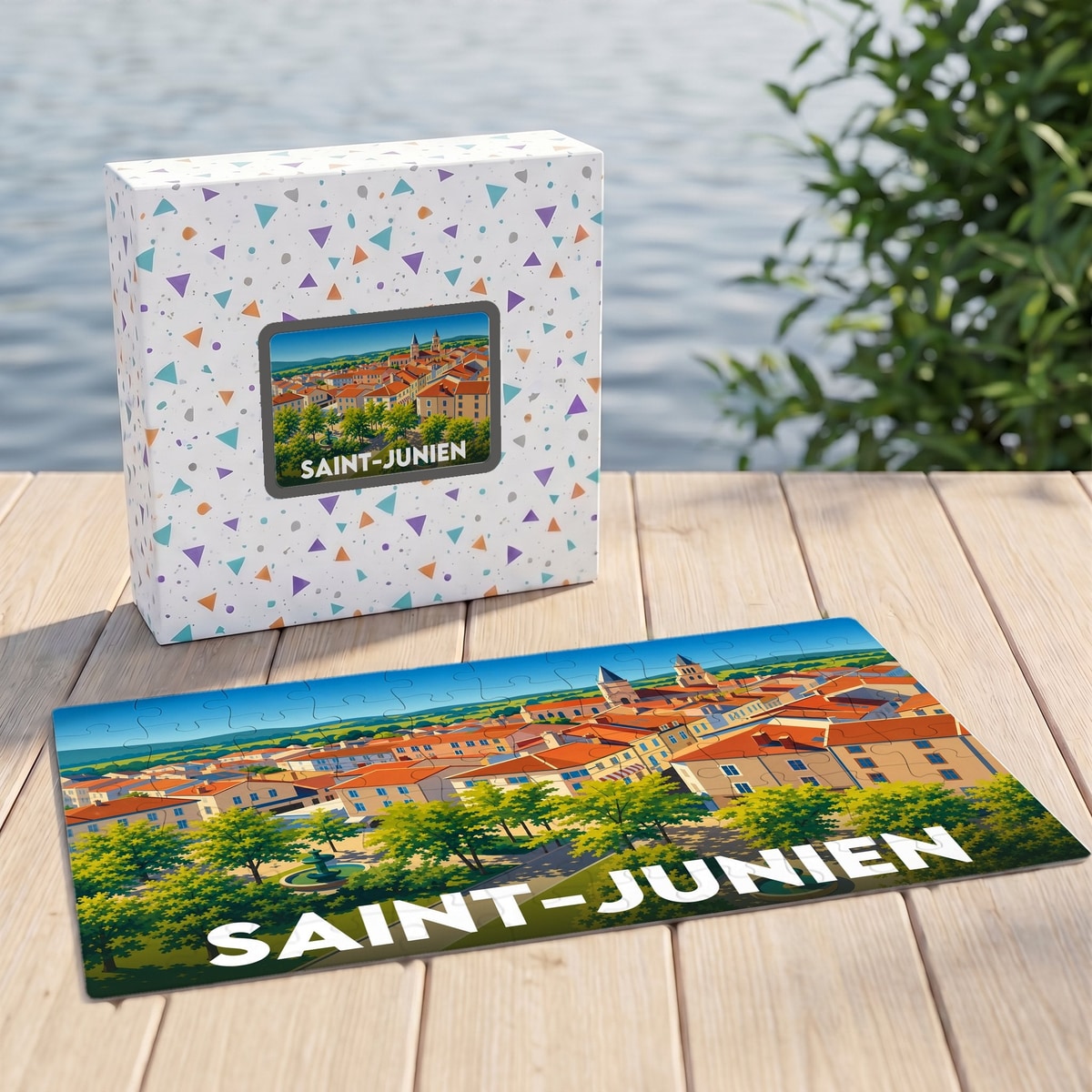 Puzzle souvenir de la ville de Saint-Junien avec une illustration panoramique stylisée.