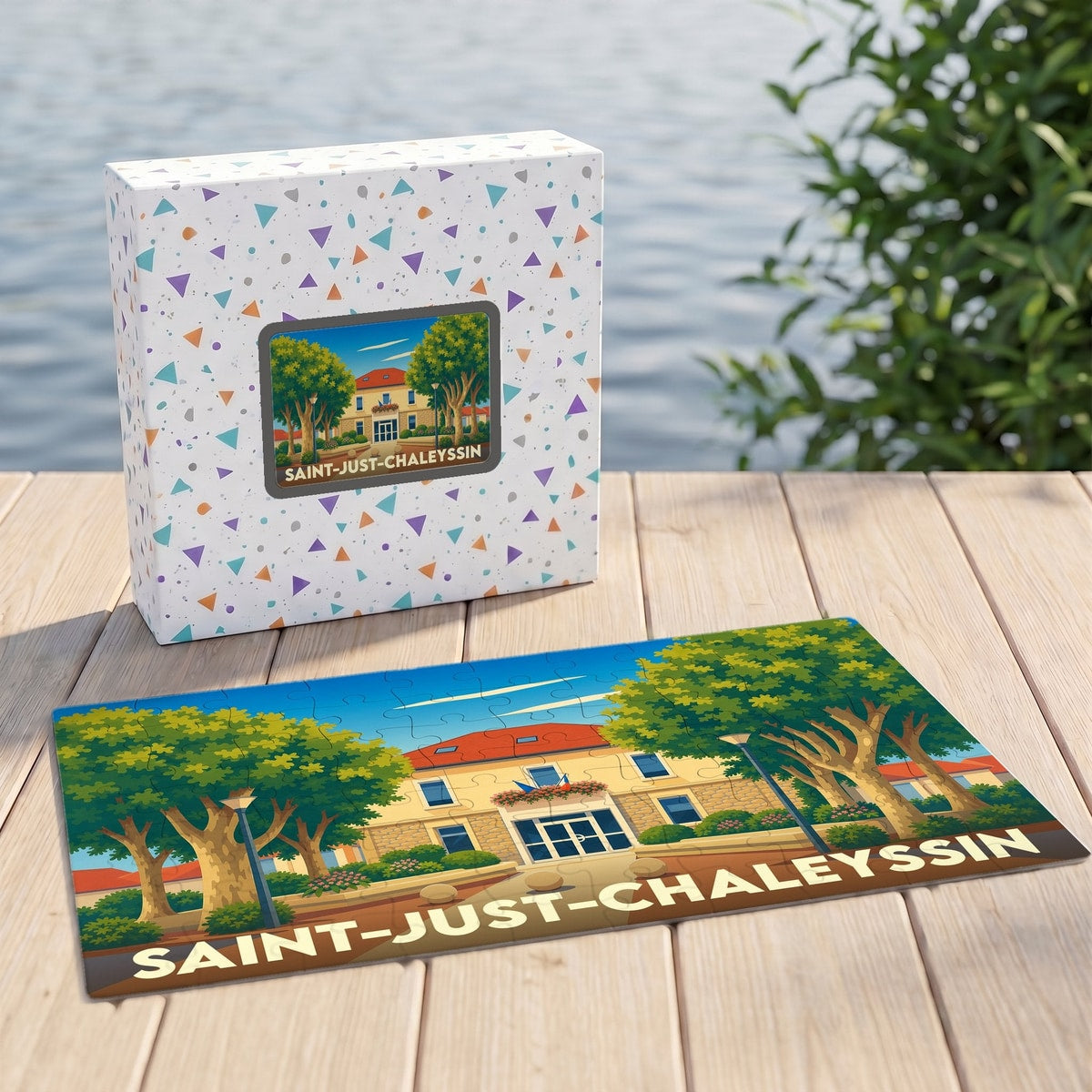 Puzzle souvenir de la ville de Saint-Just-Chaleyssin avec une illustration stylisée de sa mairie.