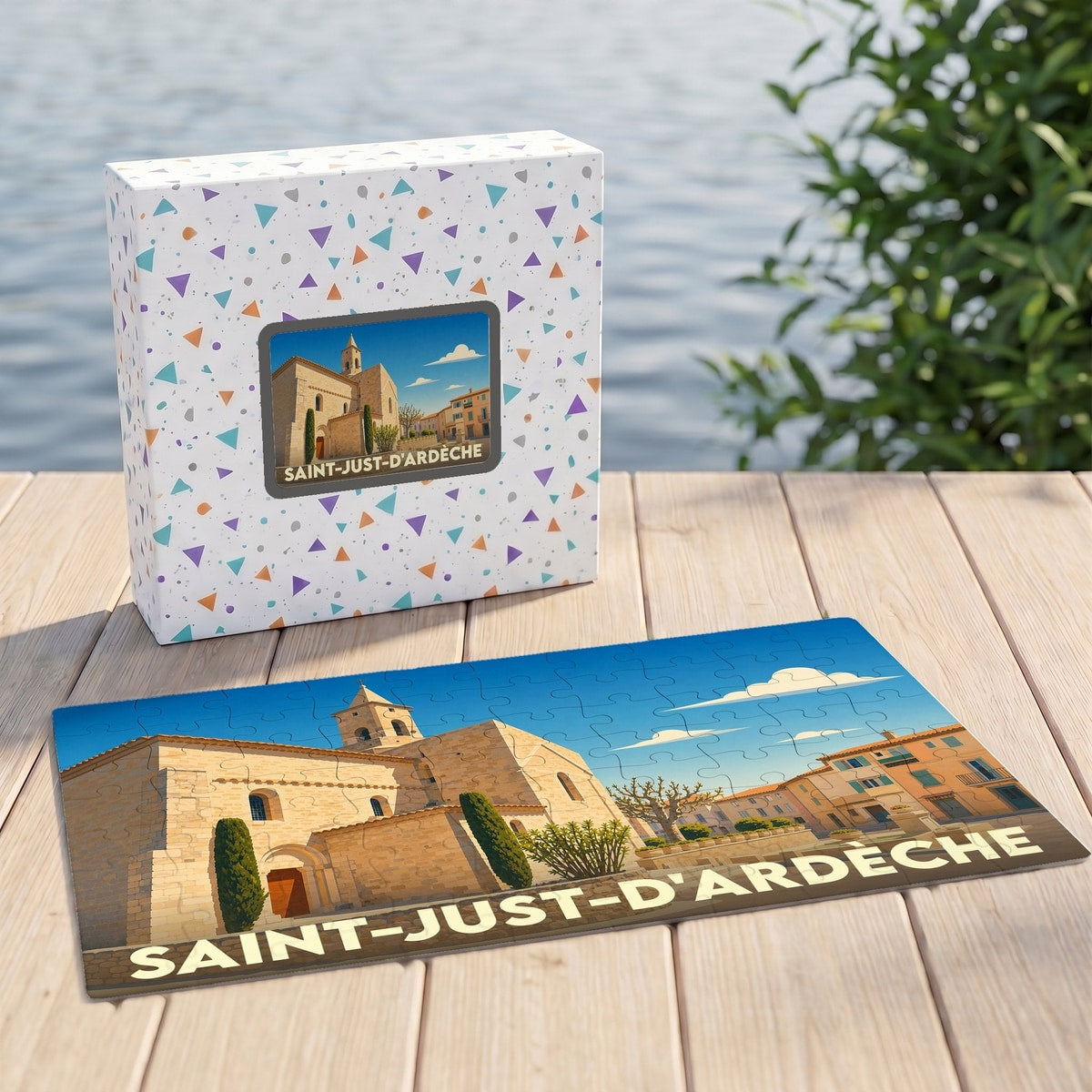 Puzzle souvenir de la ville de Saint-Just-d'Ardèche avec une illustration stylisée.
