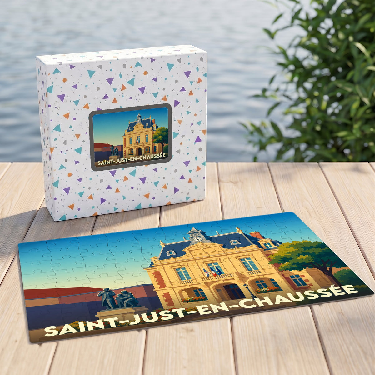 Puzzle souvenir de la ville de Saint-Just-en-Chaussée avec une illustration stylisée de son hôtel de ville.