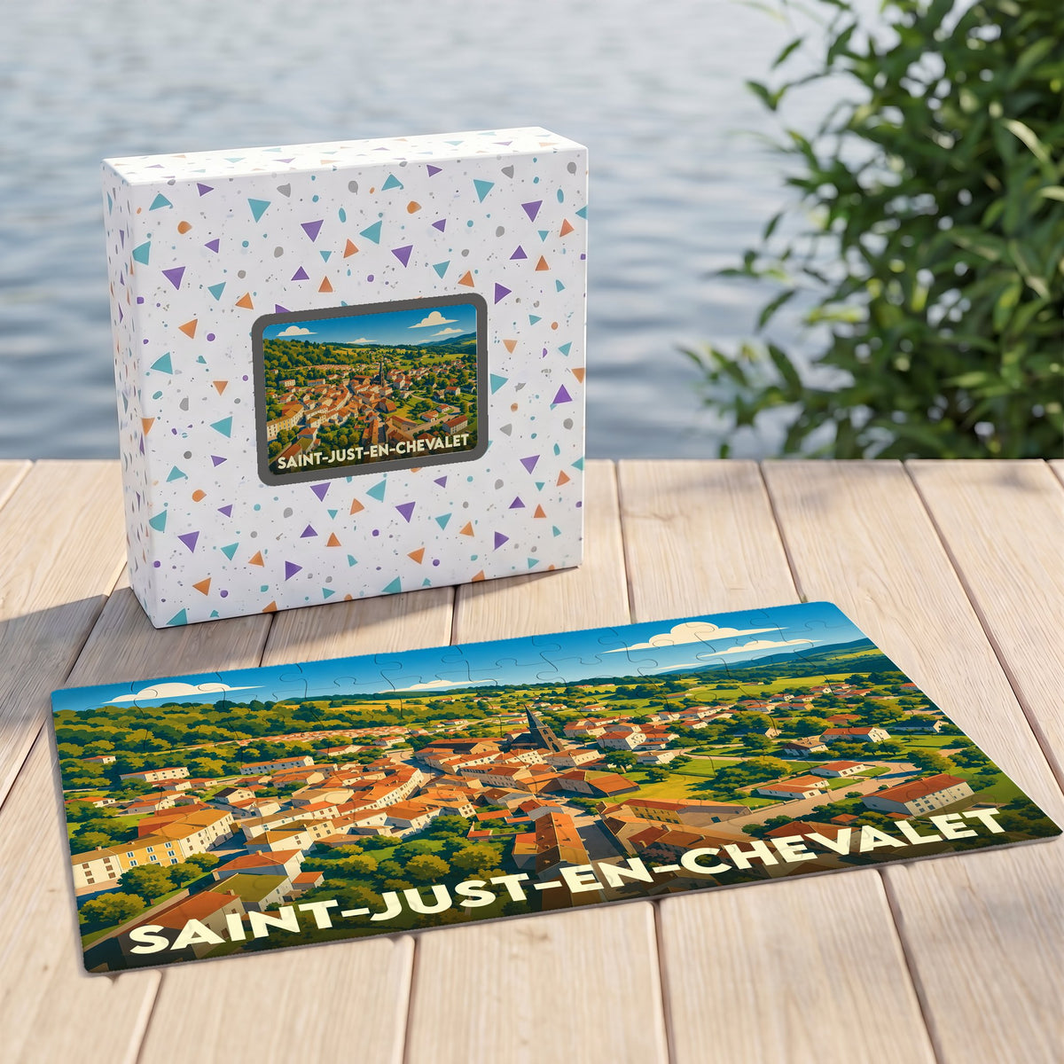 Puzzle souvenir de la ville de Saint-Just-en-Chevalet avec une illustration panoramique stylisée.