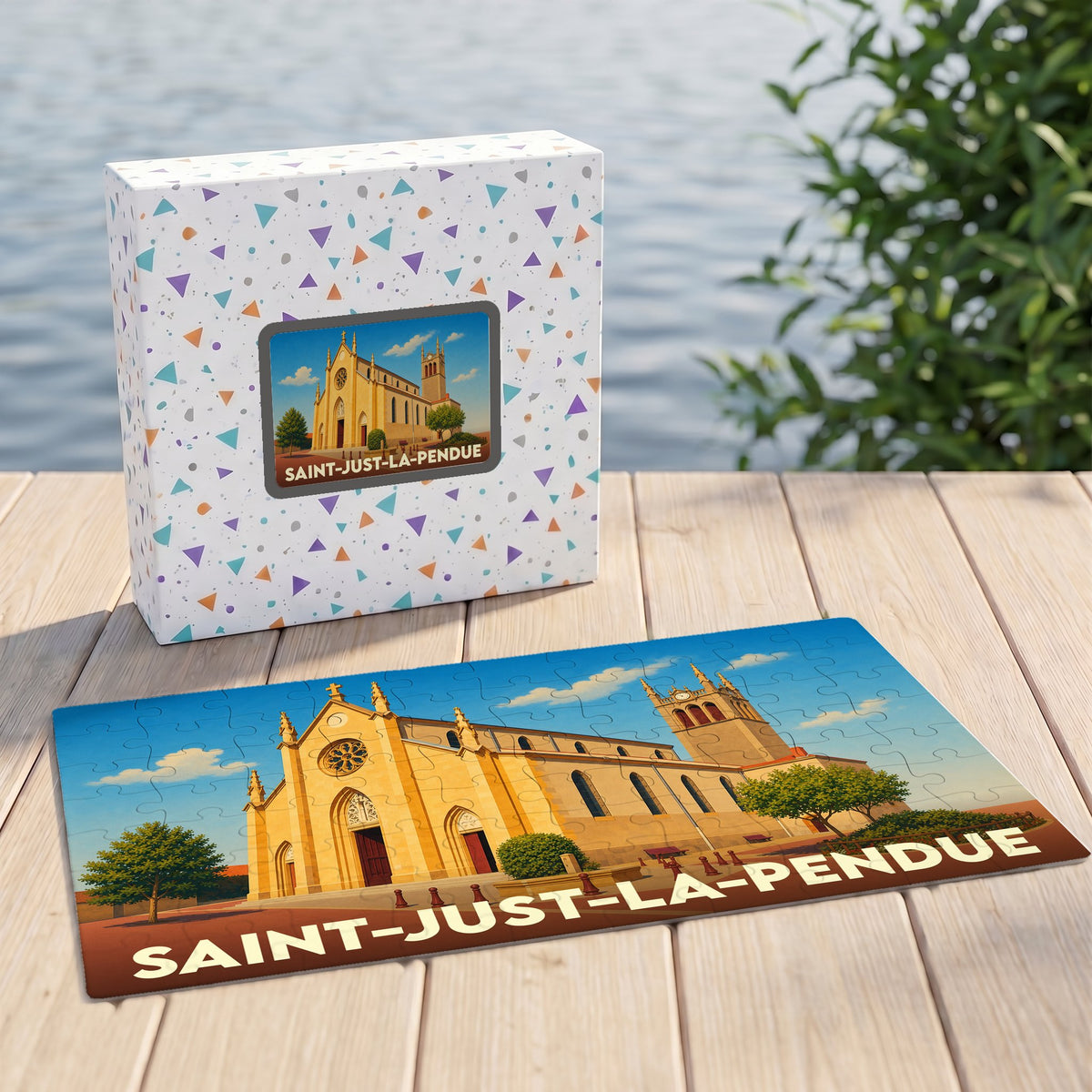 Puzzle souvenir de la ville de Saint-Just-la-Pendue avec une illustration stylisée de son église.
