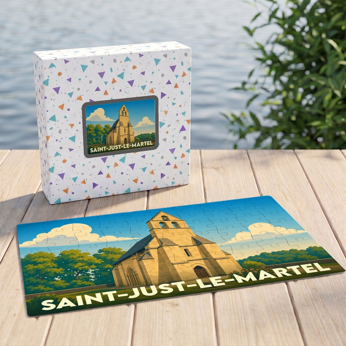 Puzzle souvenir de la ville de Saint-Just-le-Martel avec une illustration stylisée de son église et de son paysage.
