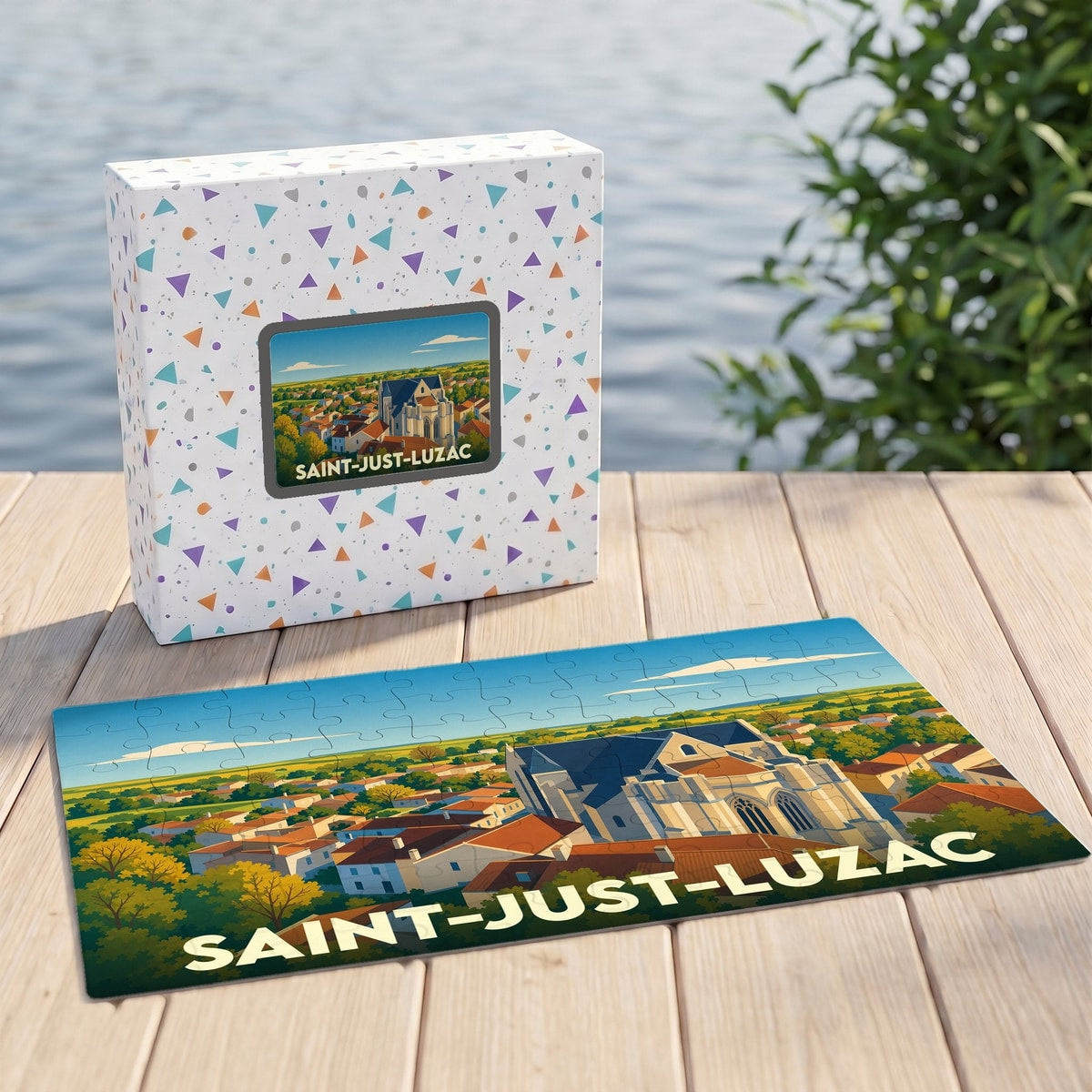 Puzzle souvenir de la ville de Saint-Just-Luzac avec une illustration stylisée et colorée.