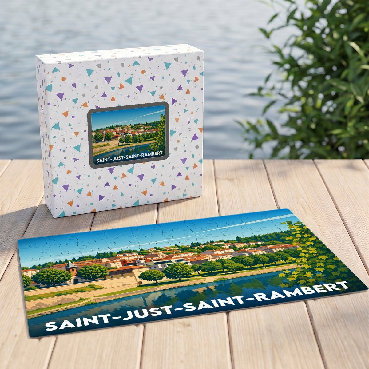 Puzzle souvenir de la ville de Saint-Just-Saint-Rambert avec une illustration stylisée des bords de Loire.