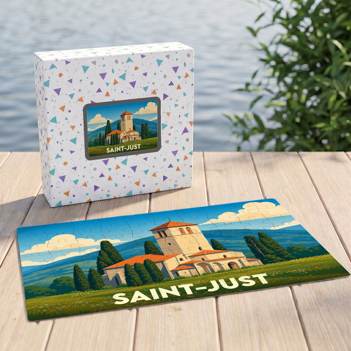 Puzzle souvenir de la ville de Saint-Just avec une illustration stylisée d'un bâtiment historique.