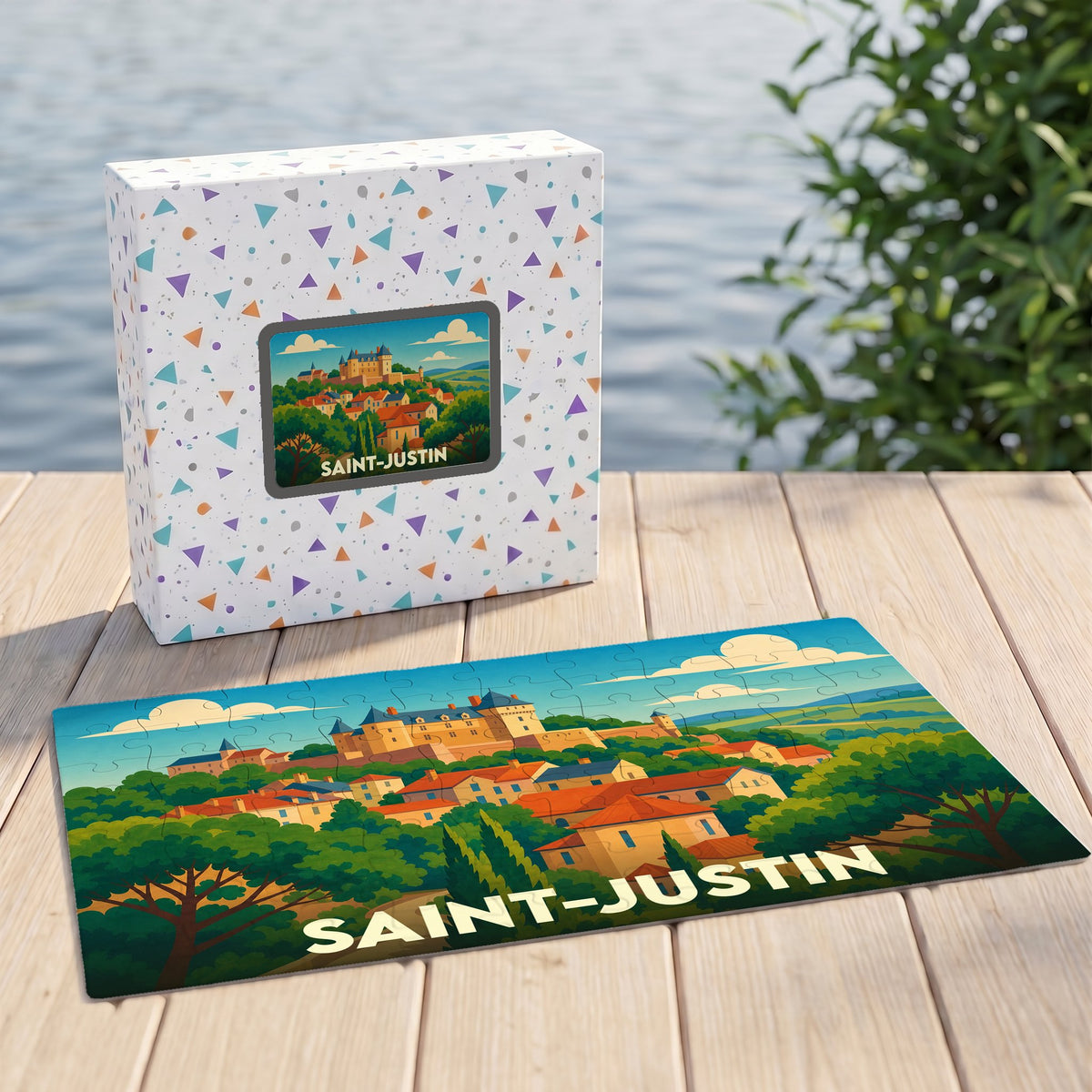 Puzzle souvenir de la ville de Saint-Justin avec une illustration colorée et stylisée.
