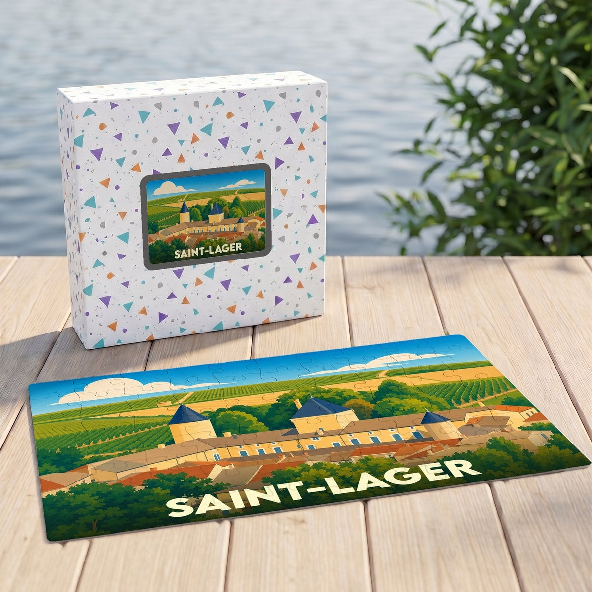 Puzzle souvenir de la ville de Saint-Lager illustrant un paysage de vignobles et de châteaux.