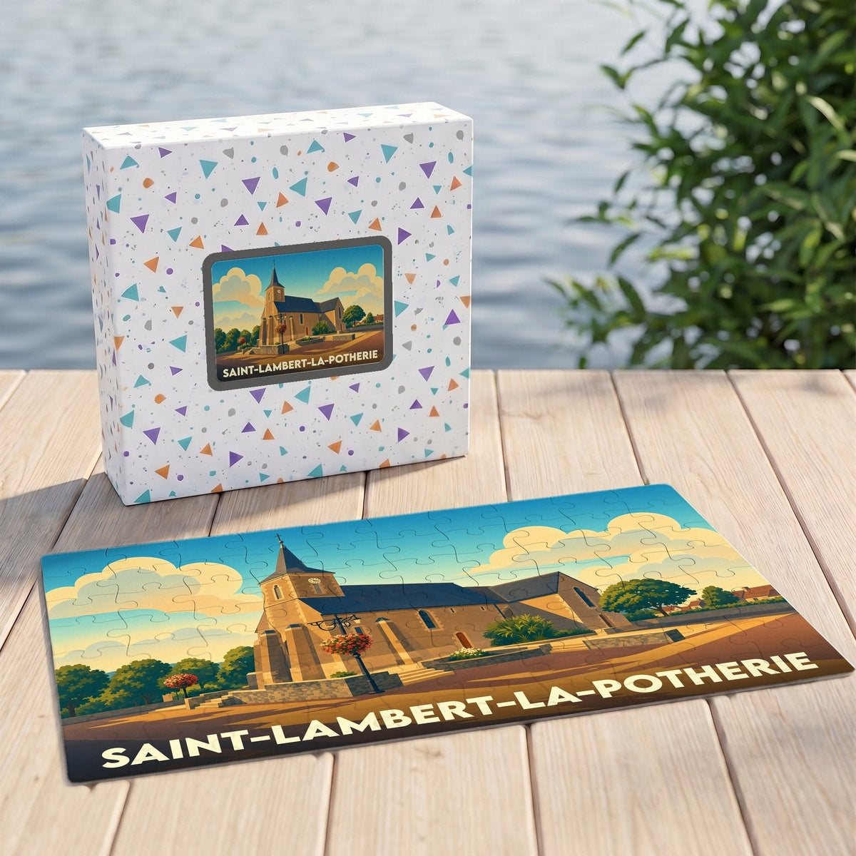 Puzzle souvenir de la ville de Saint-Lambert-la-Potherie illustrant son église dans un style graphique épuré.