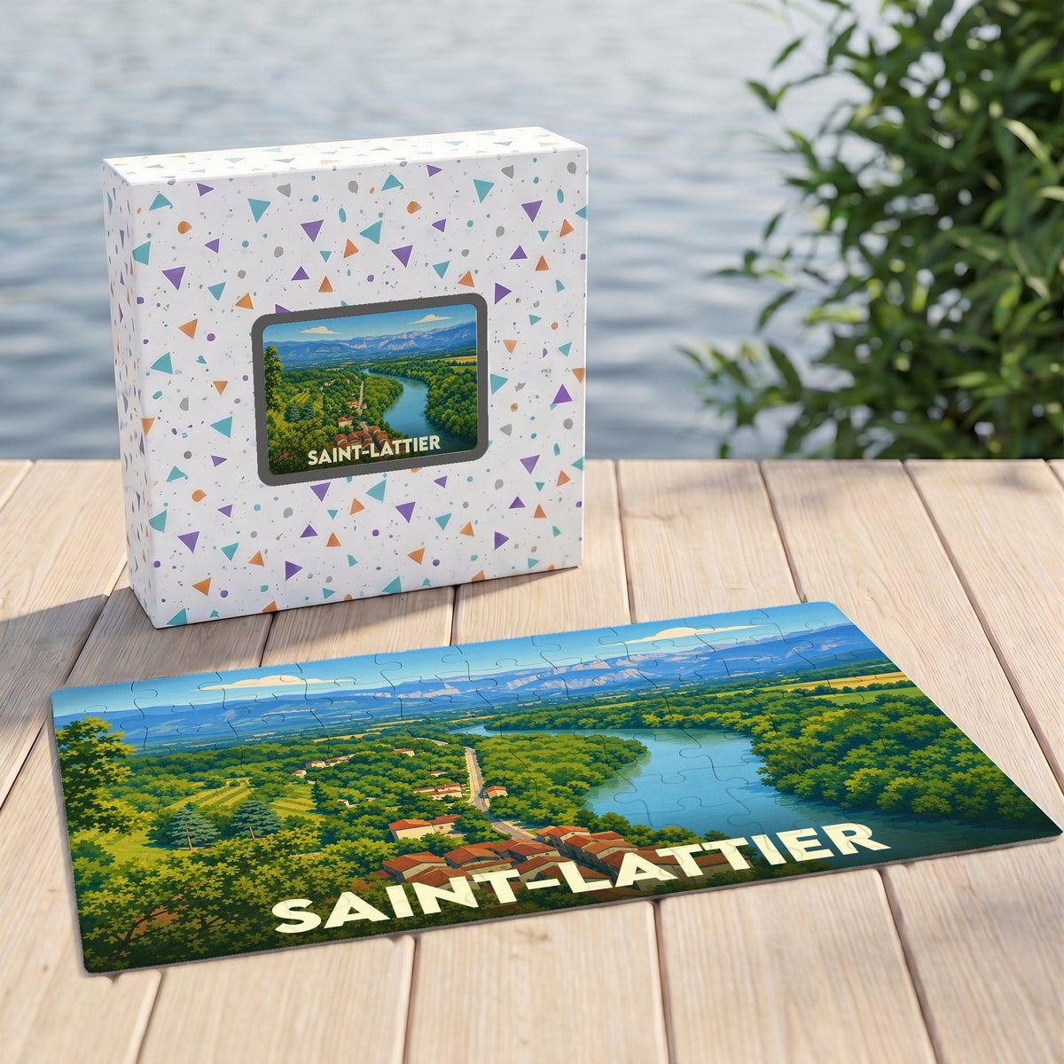Puzzle souvenir de la ville de Saint-Lattier représentant un paysage de rivière avec une illustration stylisée.