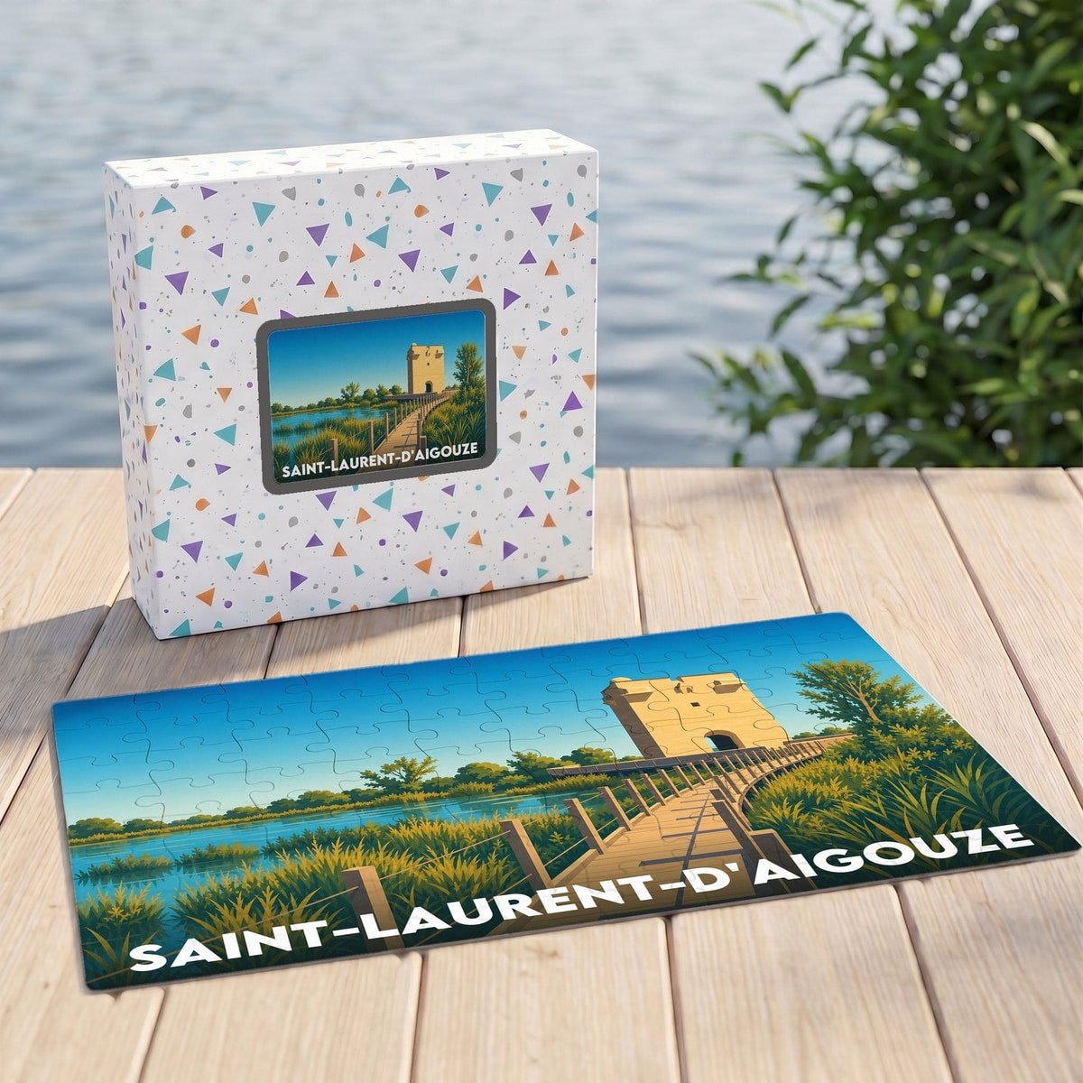 Puzzle souvenir de Saint-Laurent-d'Aigouze avec une illustration stylisée de la Tour Carbonnière et son marais.